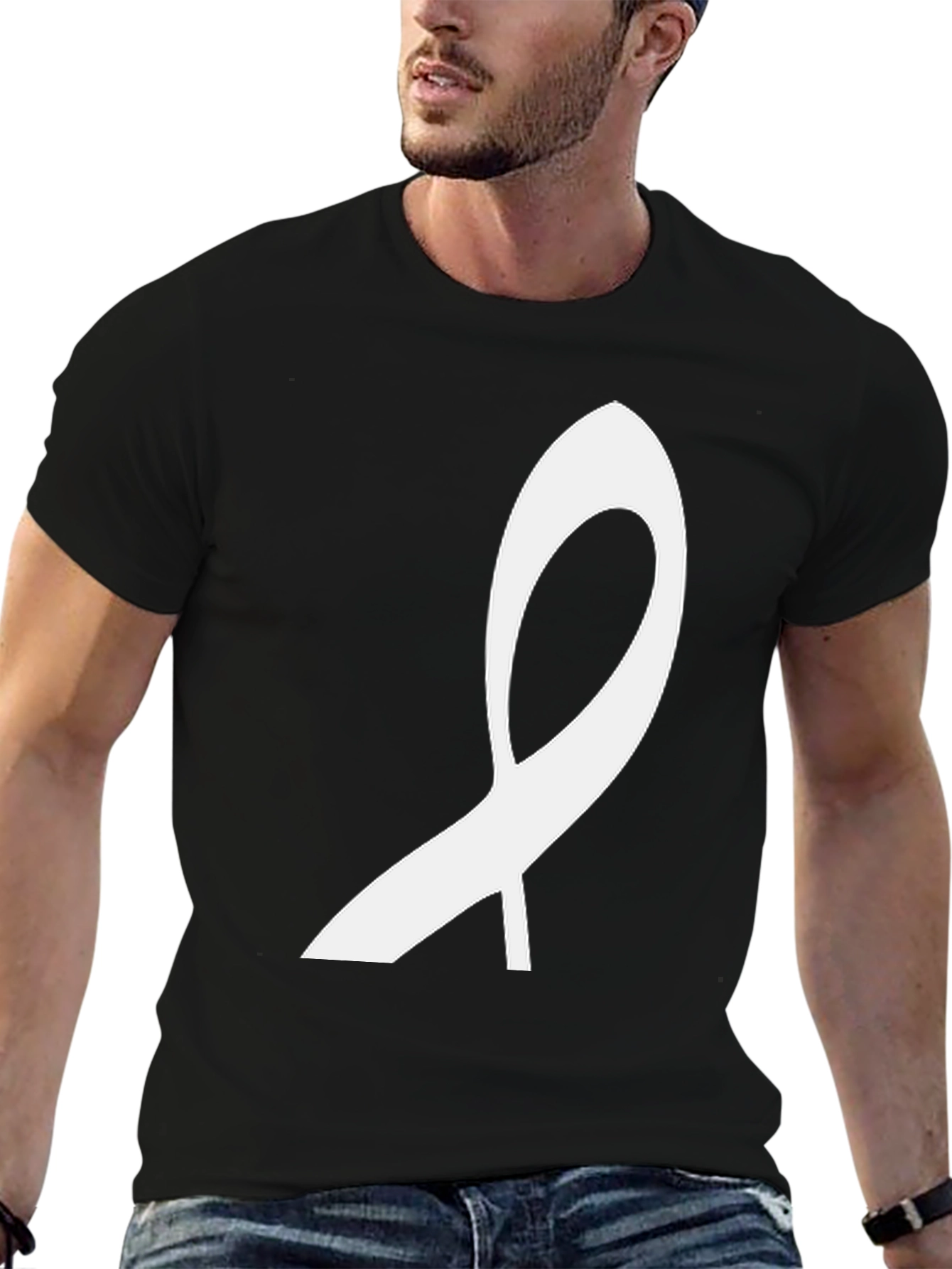 Modern White Ribbon Graphic Black T-Shirt