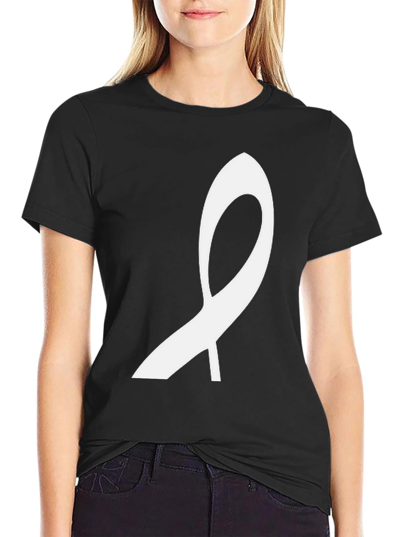 Modern White Ribbon Graphic Black T-Shirt