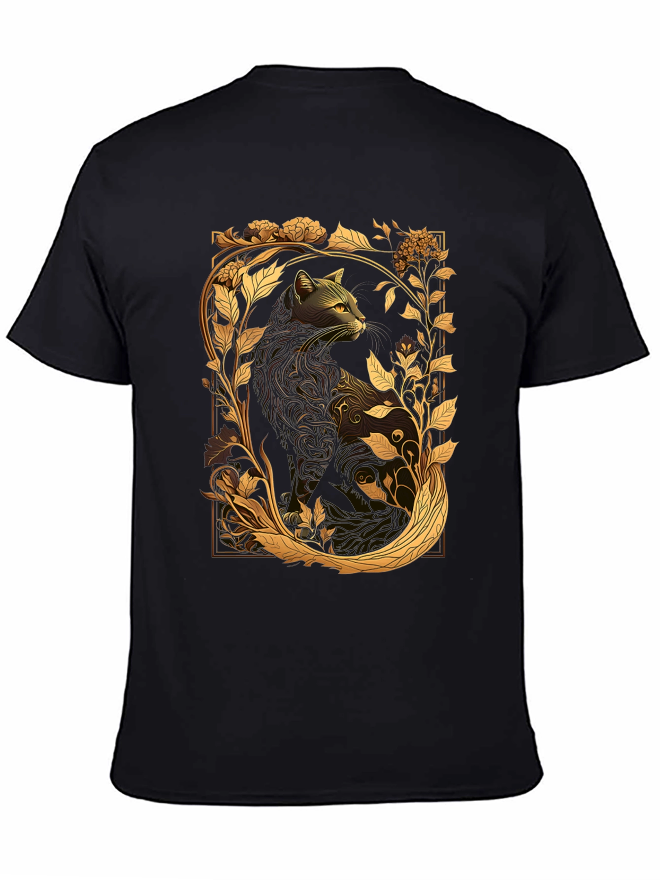 Elegant Cat & Floral Graphic Black T-Shirt
