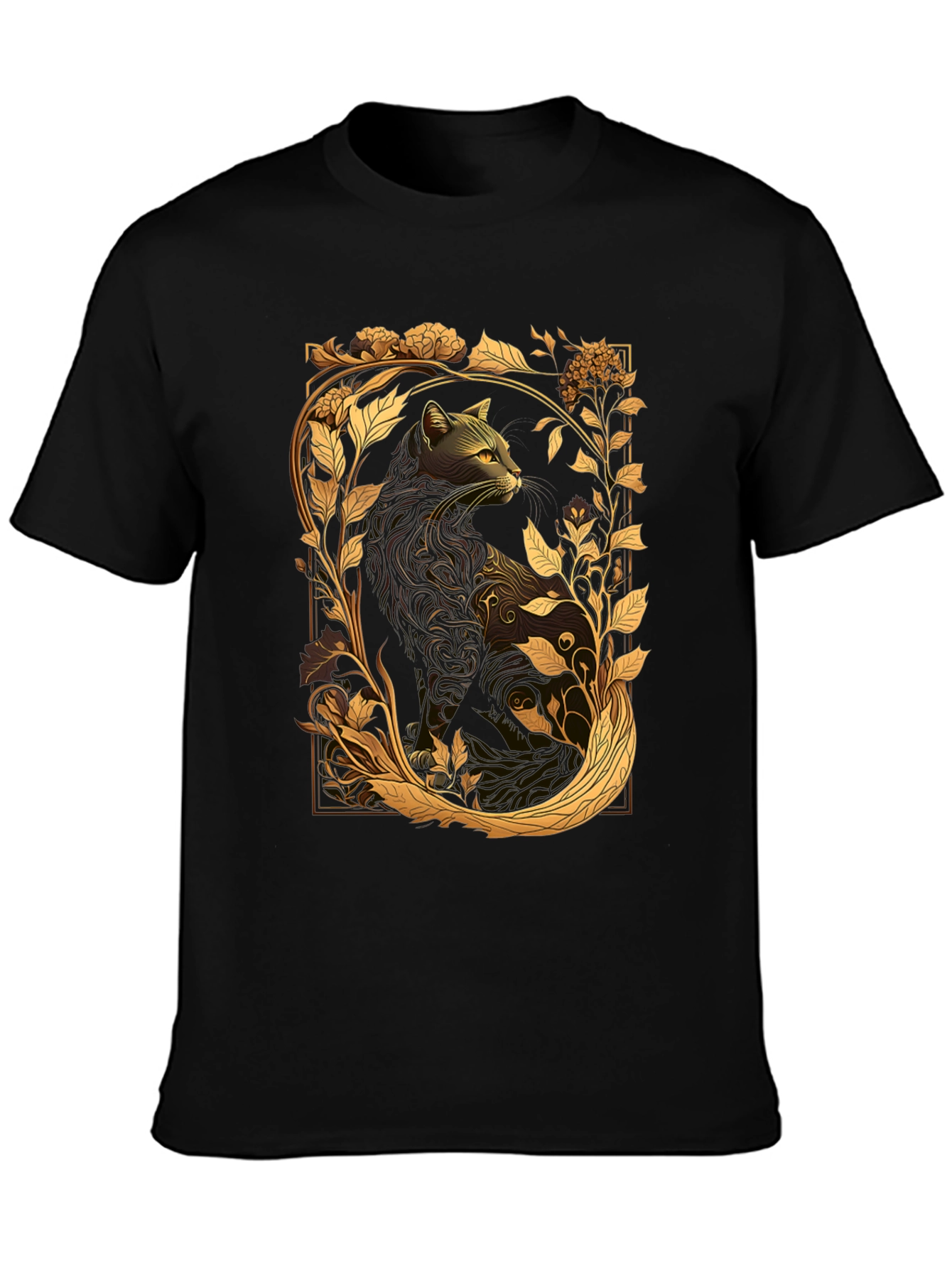 Elegant Cat & Floral Graphic Black T-Shirt