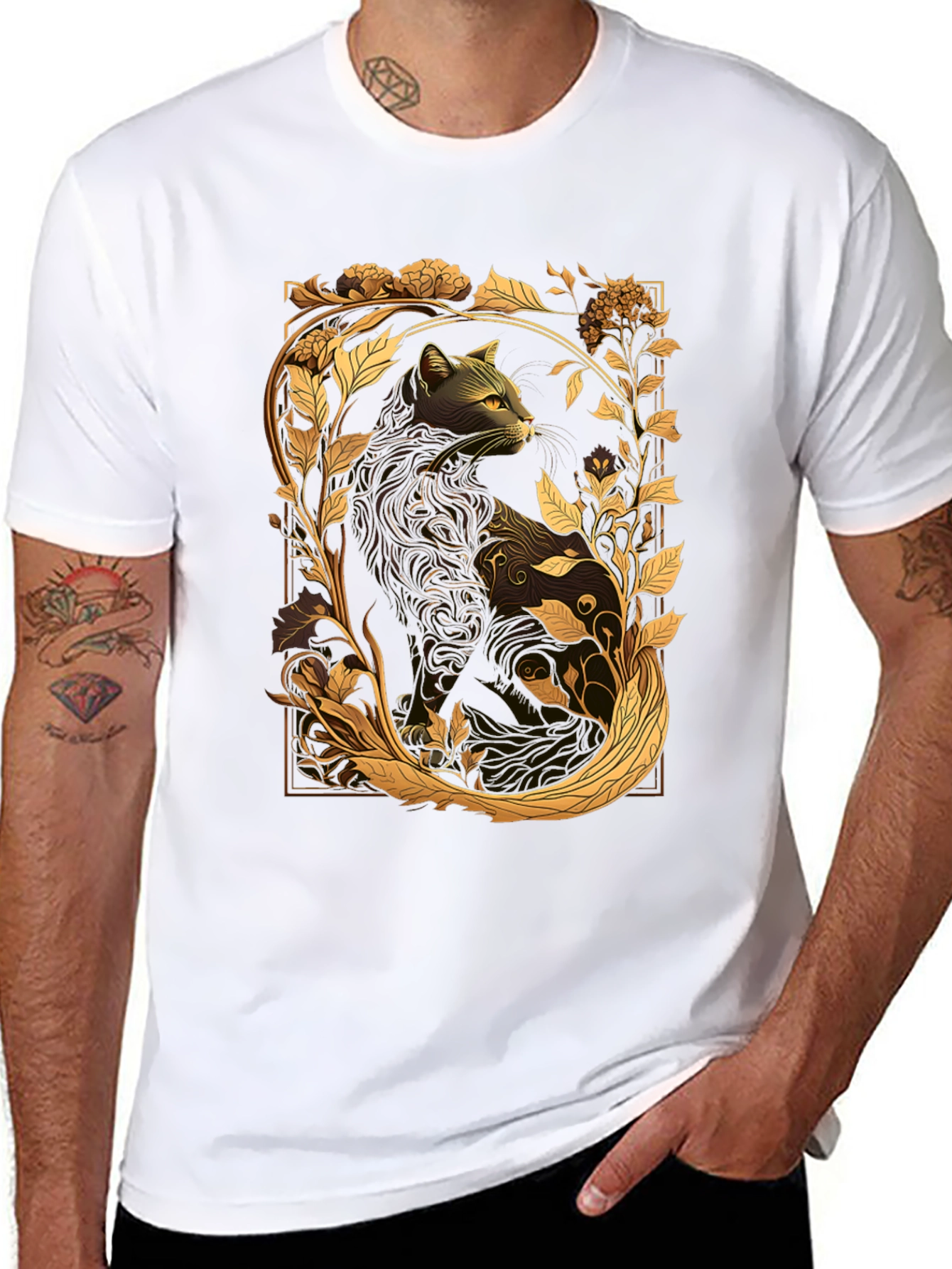 Elegant Cat & Floral Graphic Black T-Shirt