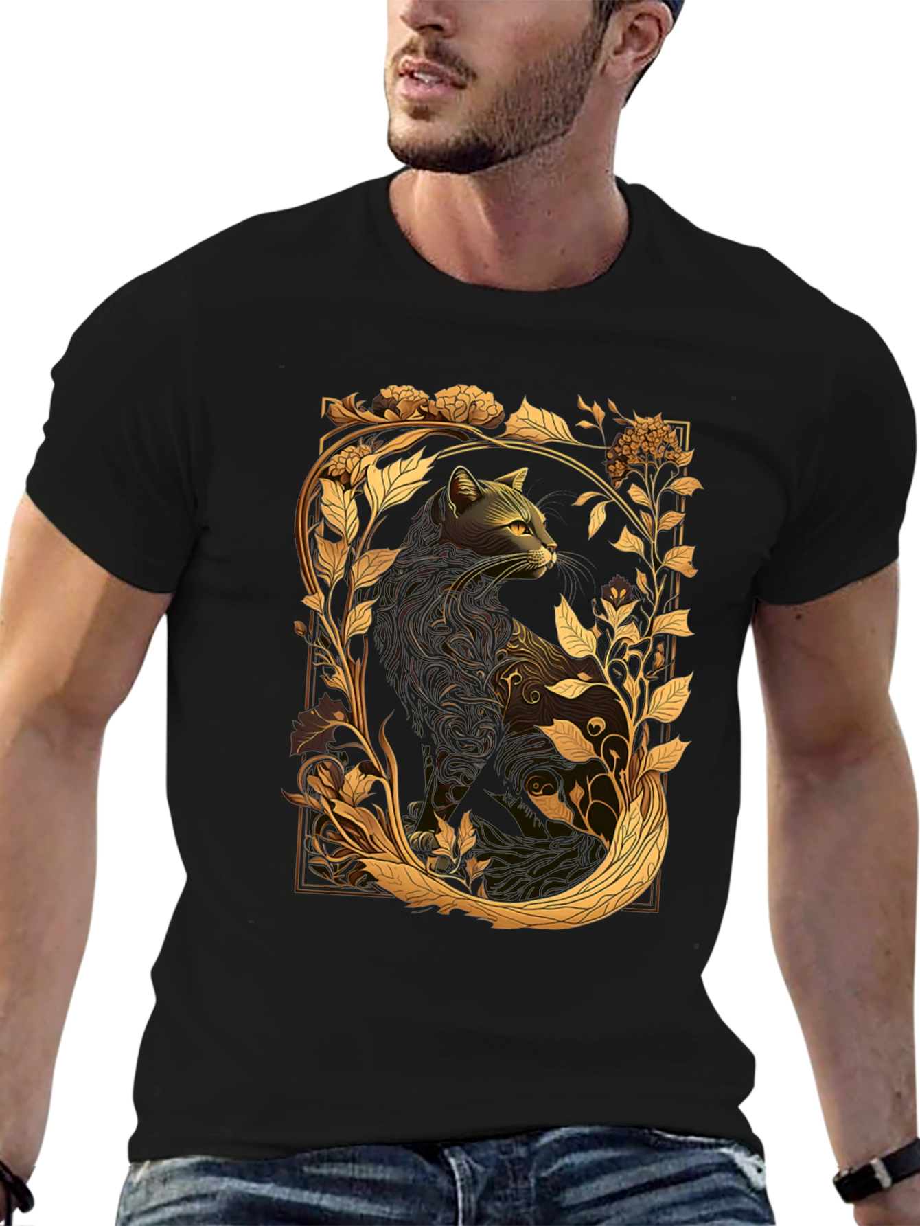 Elegant Cat & Floral Graphic Black T-Shirt