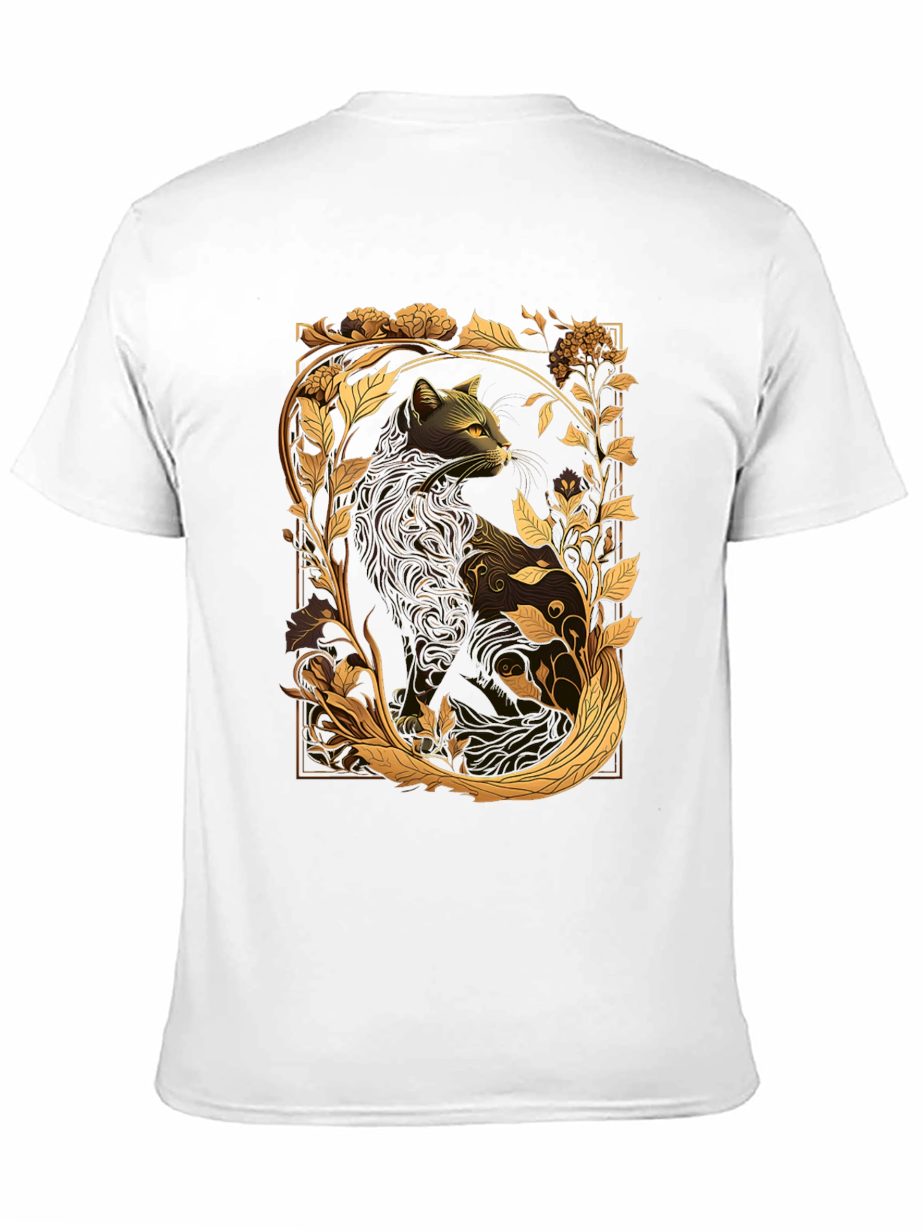 Elegant Cat & Floral Graphic Black T-Shirt