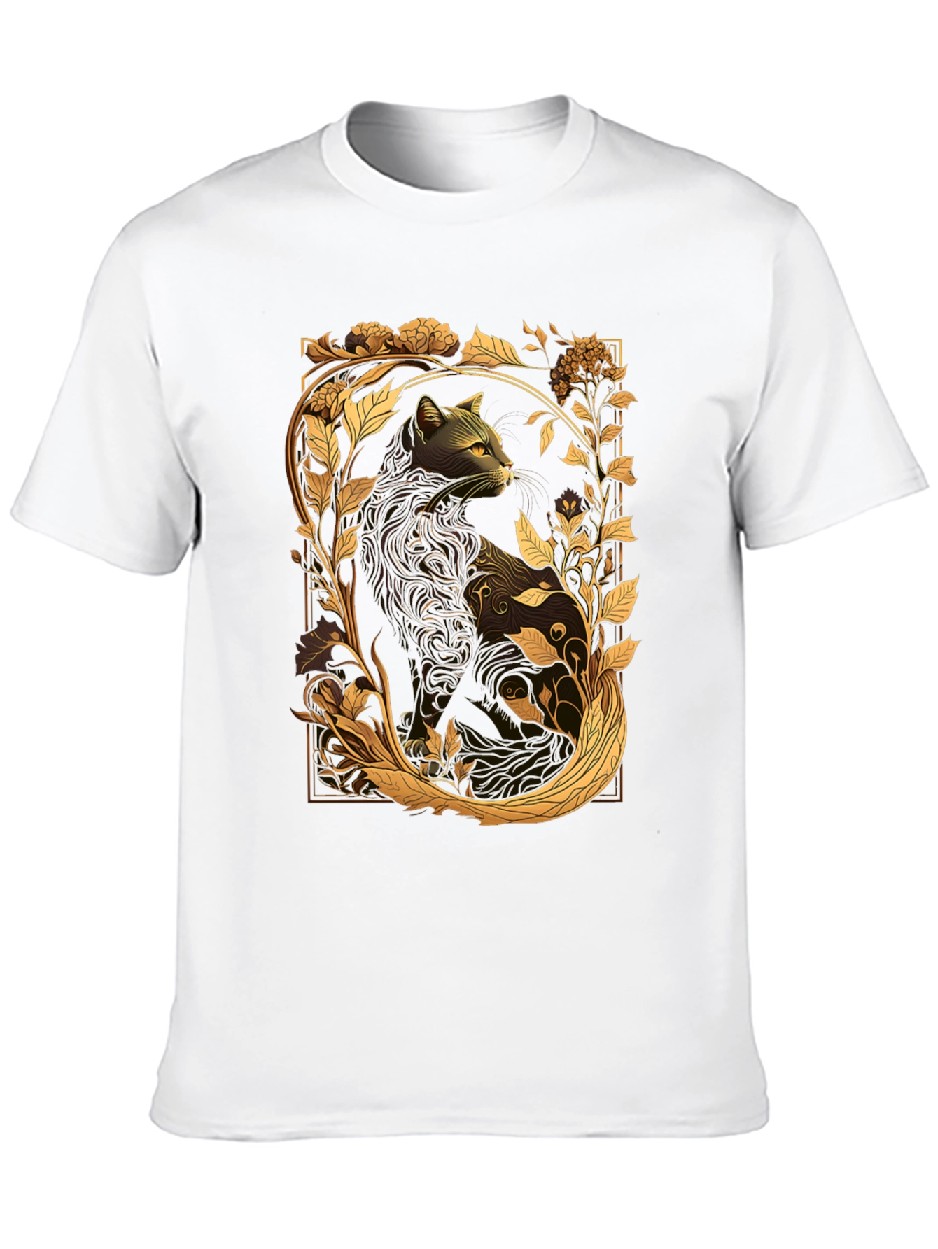 Elegant Cat & Floral Graphic Black T-Shirt