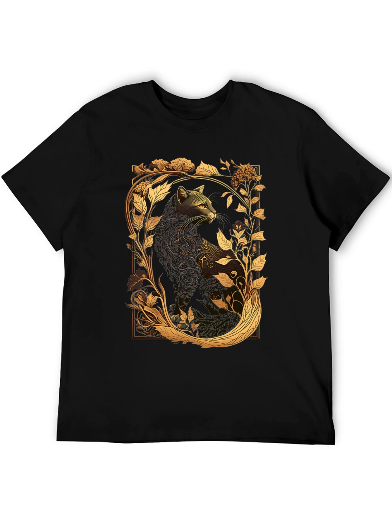 Elegant Cat & Floral Graphic Black T-Shirt