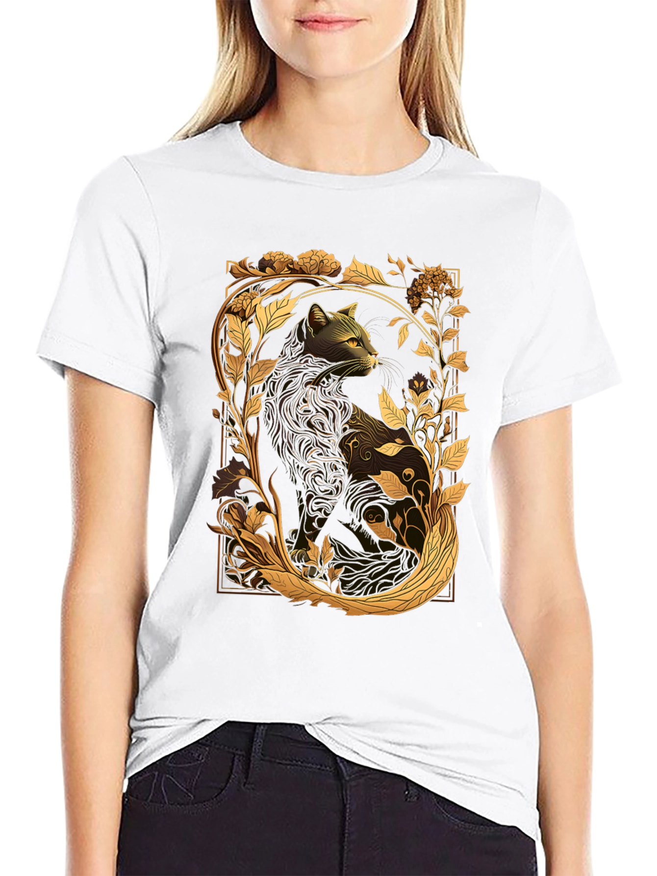 Elegant Cat & Floral Graphic Black T-Shirt