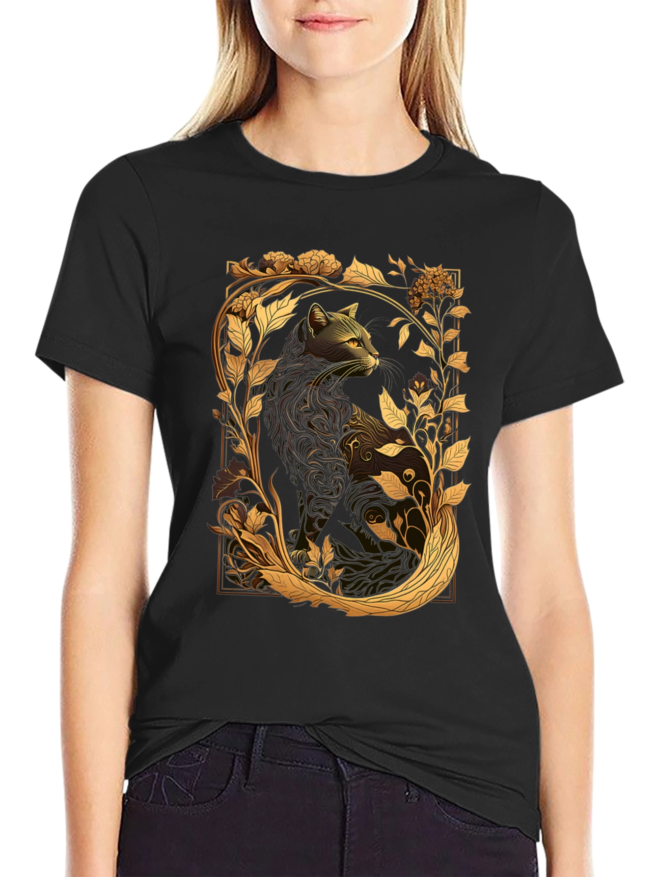 Elegant Cat & Floral Graphic Black T-Shirt