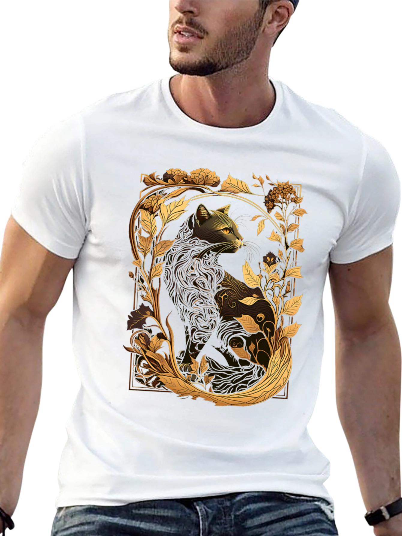Elegant Cat & Floral Graphic Black T-Shirt