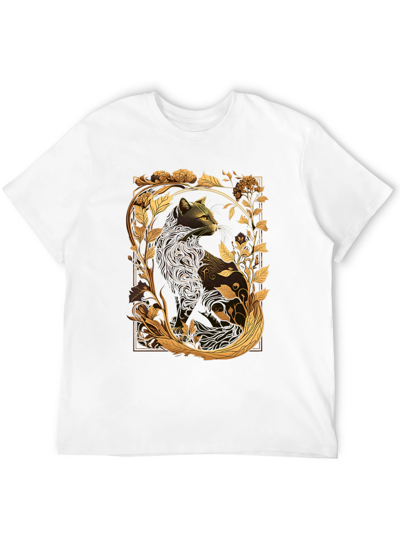 Elegant Cat & Floral Graphic Black T-Shirt