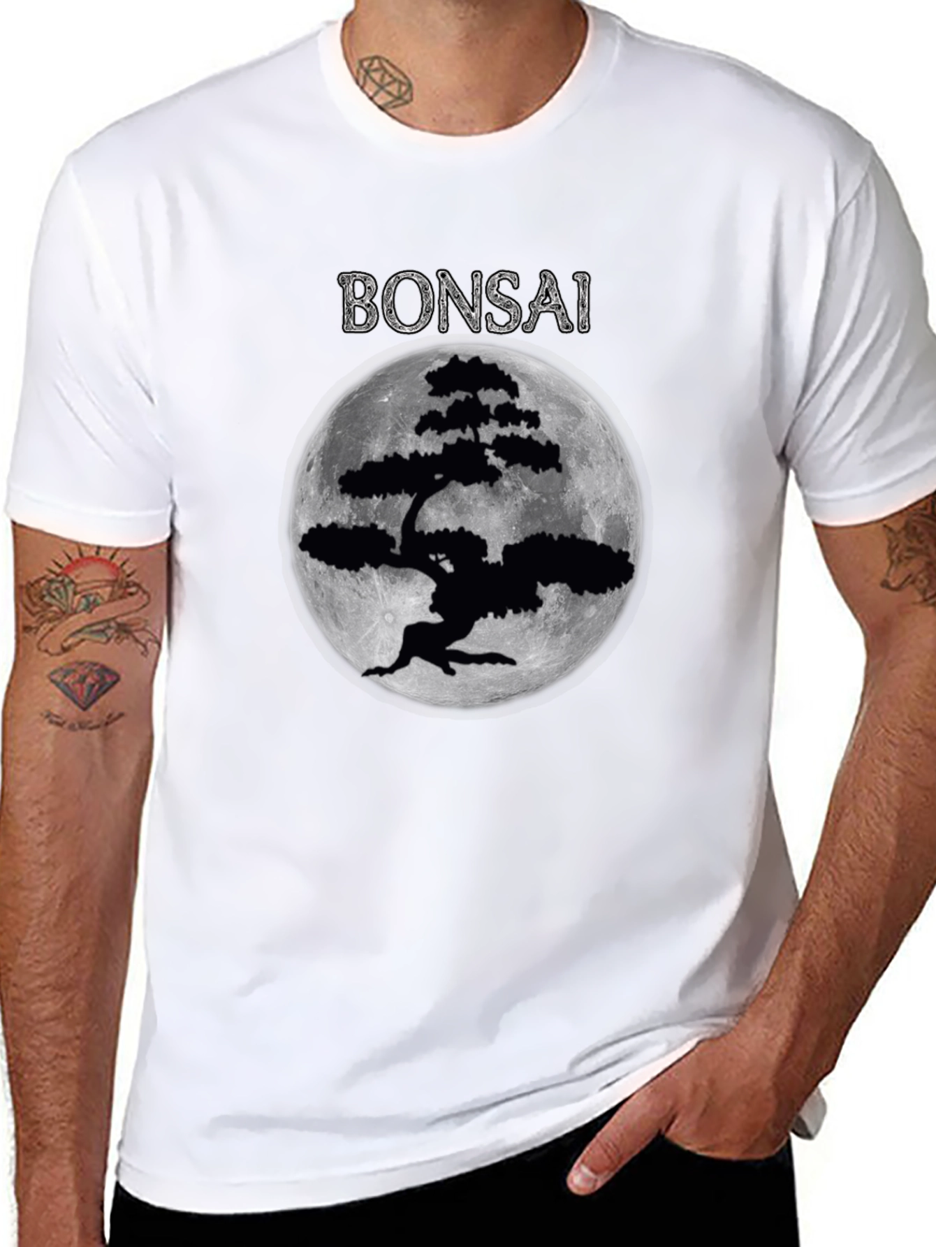 Bonsai Tree Moon Graphic T-Shirt - Black
