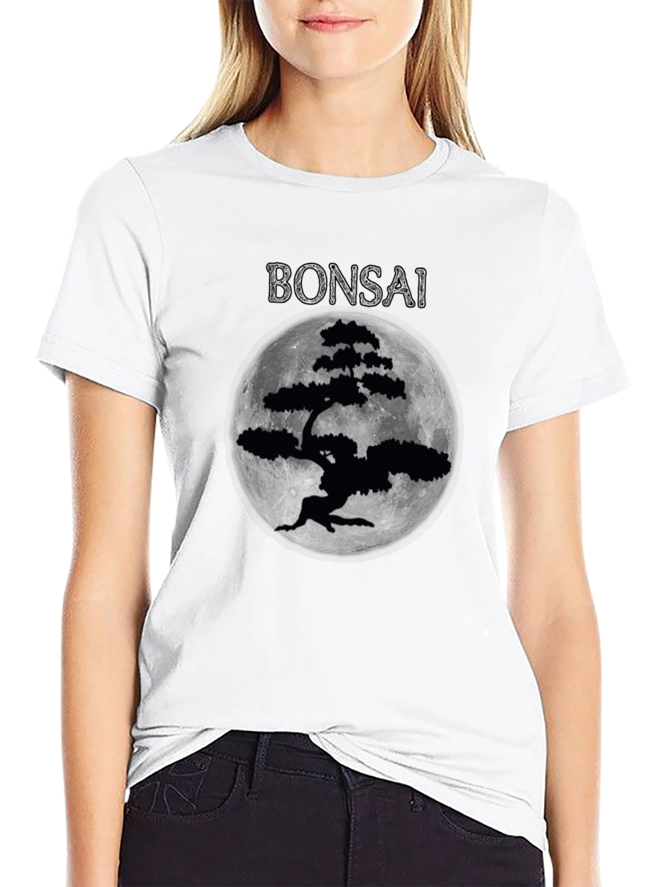 Bonsai Tree Moon Graphic T-Shirt - Black