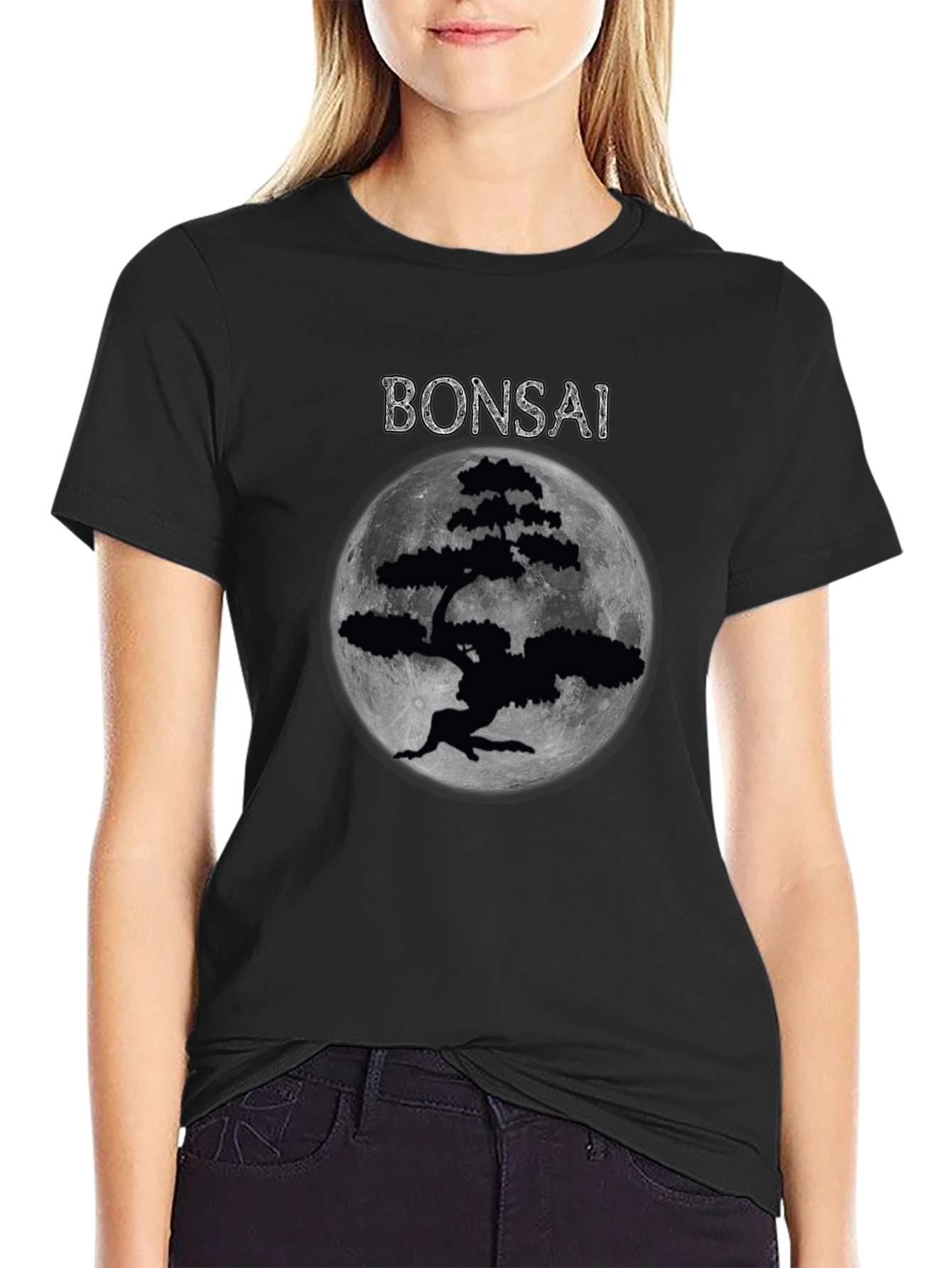 Bonsai Tree Moon Graphic T-Shirt - Black
