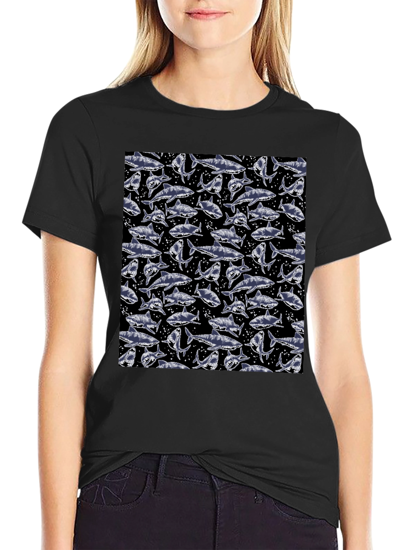 Shark Print Crew Neck T-Shirt - Mens Fashion