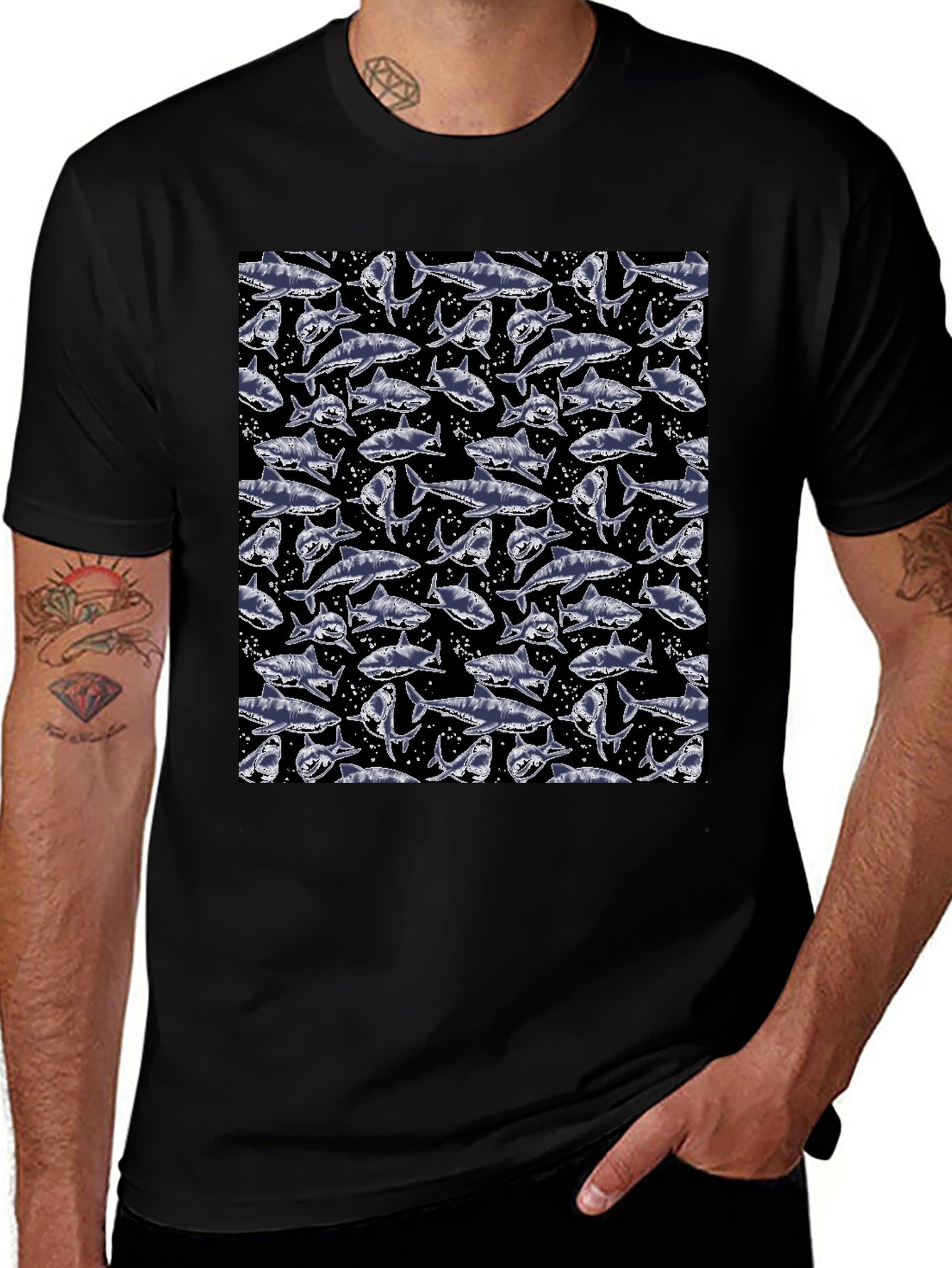 Shark Print Crew Neck T-Shirt - Mens Fashion