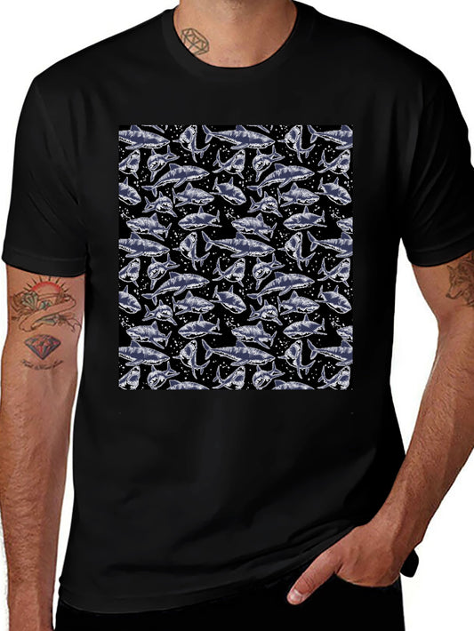 Shark Print Crew Neck T-Shirt - Mens Fashion