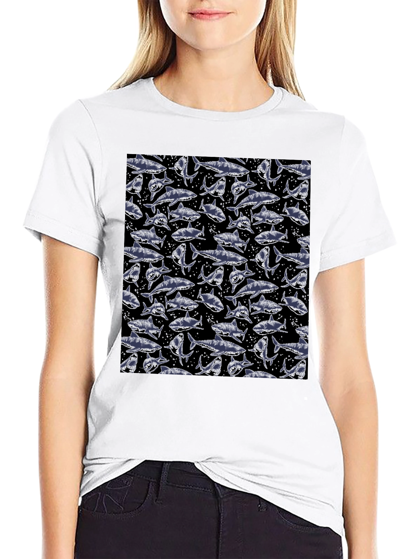 Shark Print Crew Neck T-Shirt - Mens Fashion