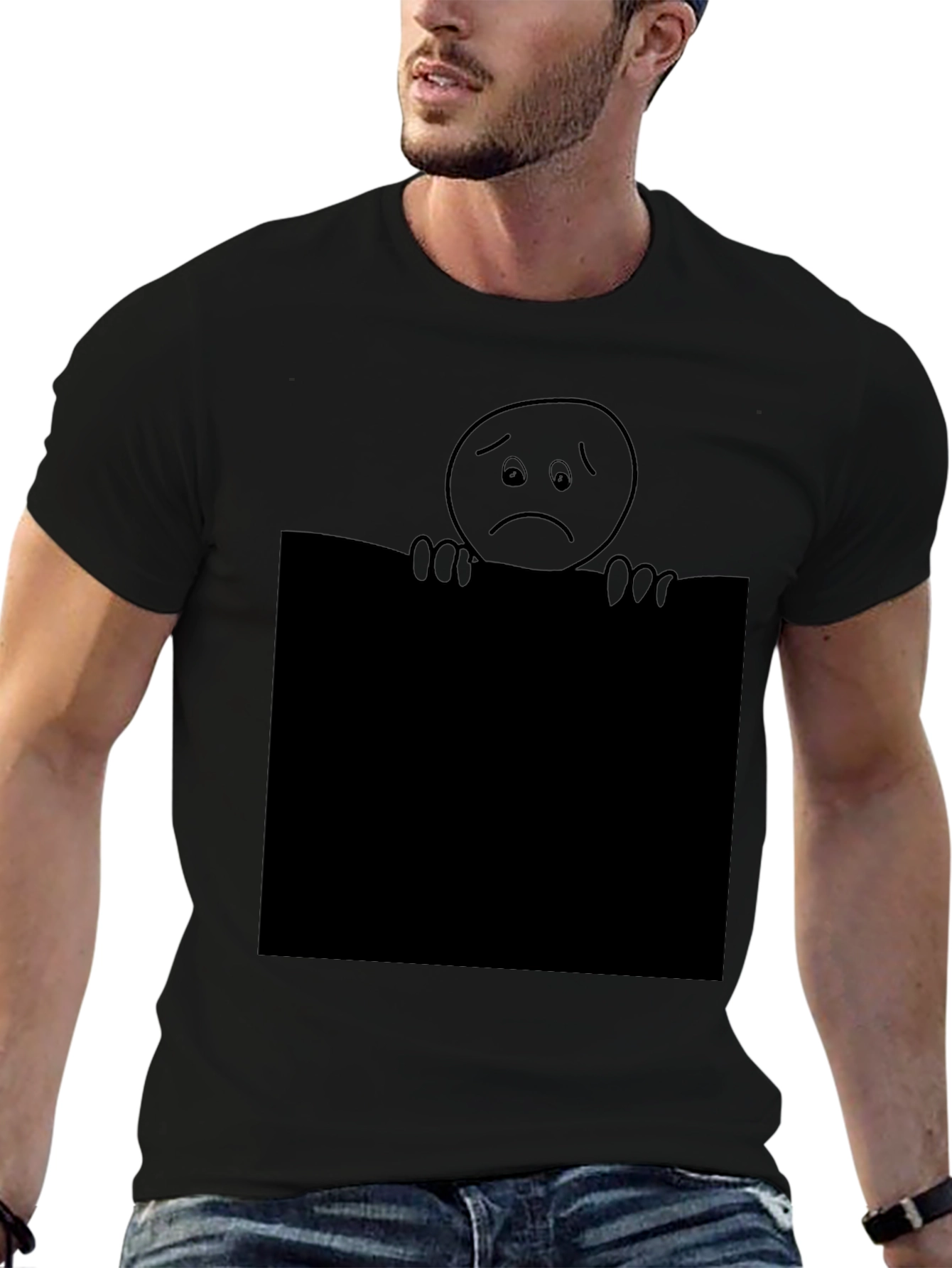 Sad Face Graphic T-Shirt - Black Crew Neck