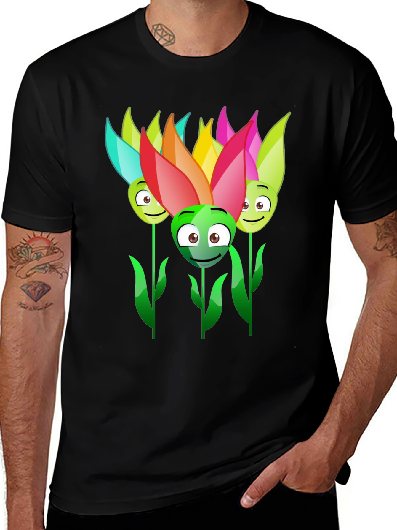 Funny Flower Faces Black T-Shirt