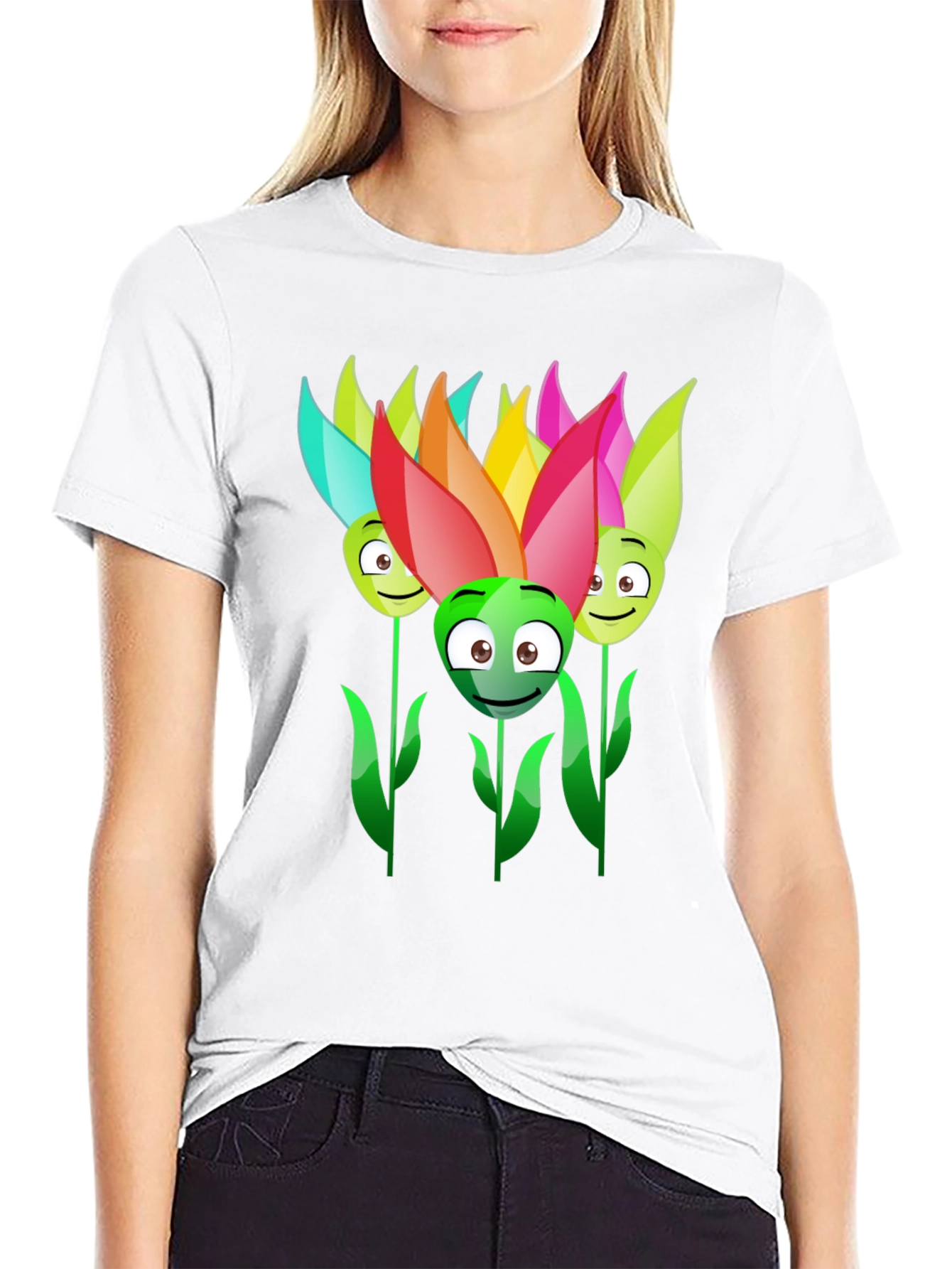 Funny Flower Faces Black T-Shirt