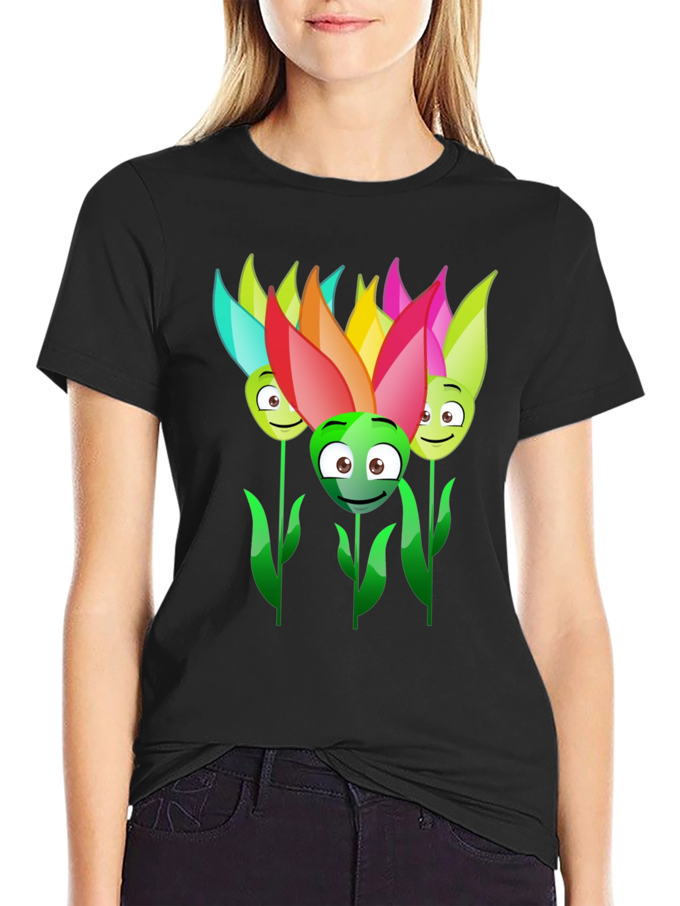 Funny Flower Faces Black T-Shirt