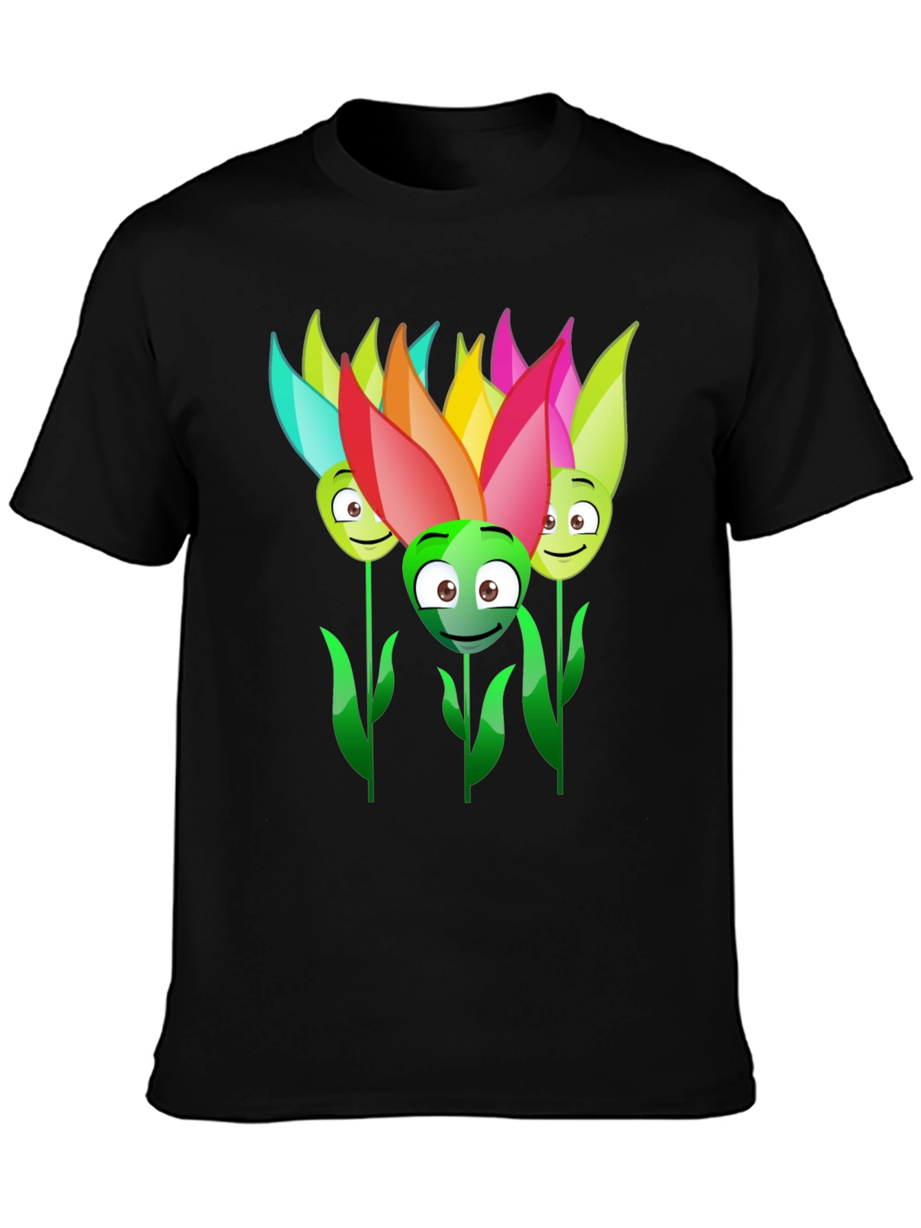 Funny Flower Faces Black T-Shirt