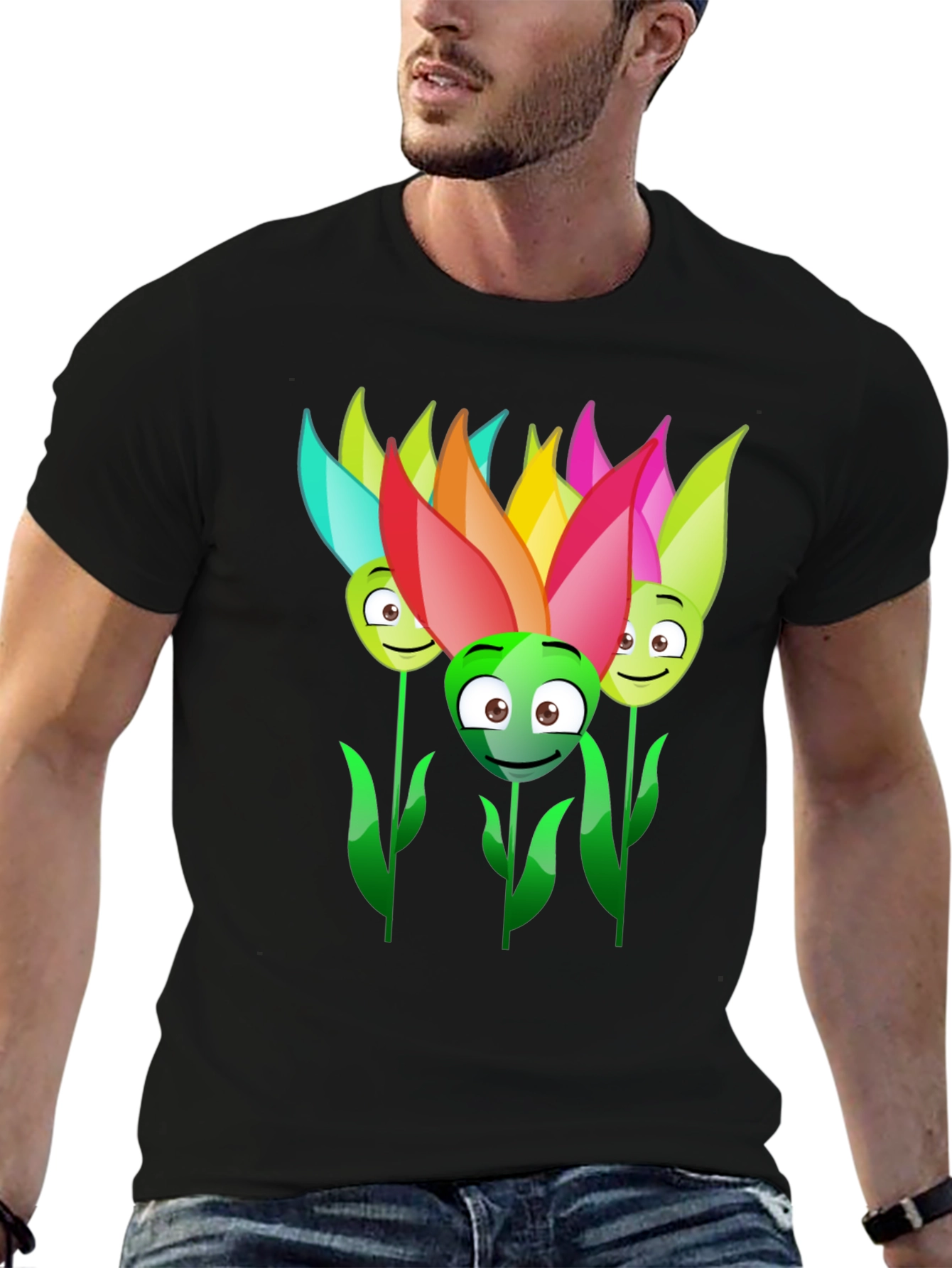 Funny Flower Faces Black T-Shirt