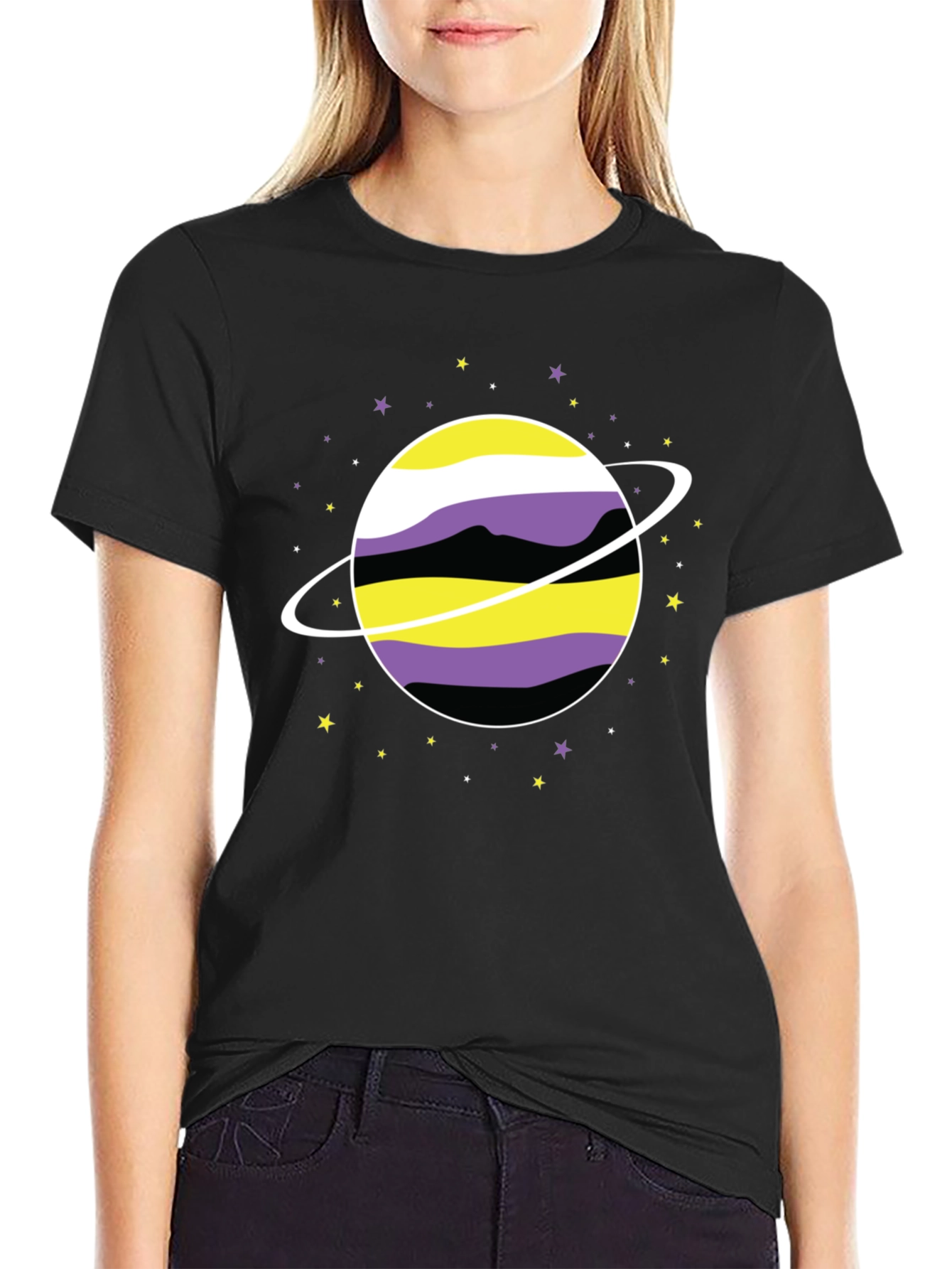 Nonbinary Pride Planet T-Shirt - Black Unisex