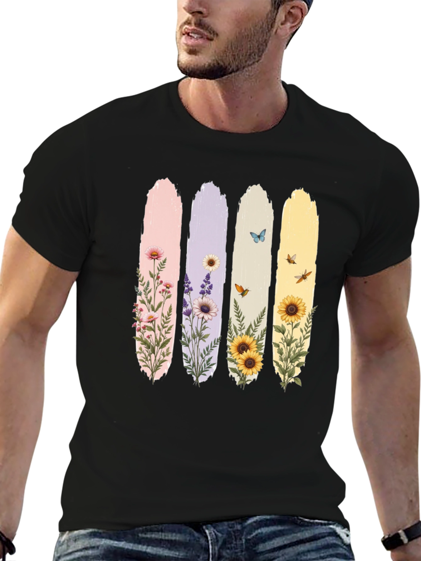 Floral Stripes Graphic Tee - Black Unisex T-Shirt