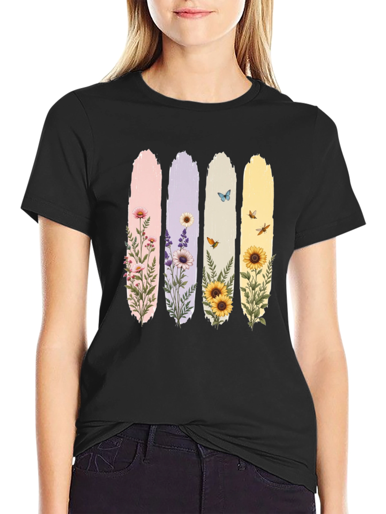 Floral Stripes Graphic Tee - Black Unisex T-Shirt