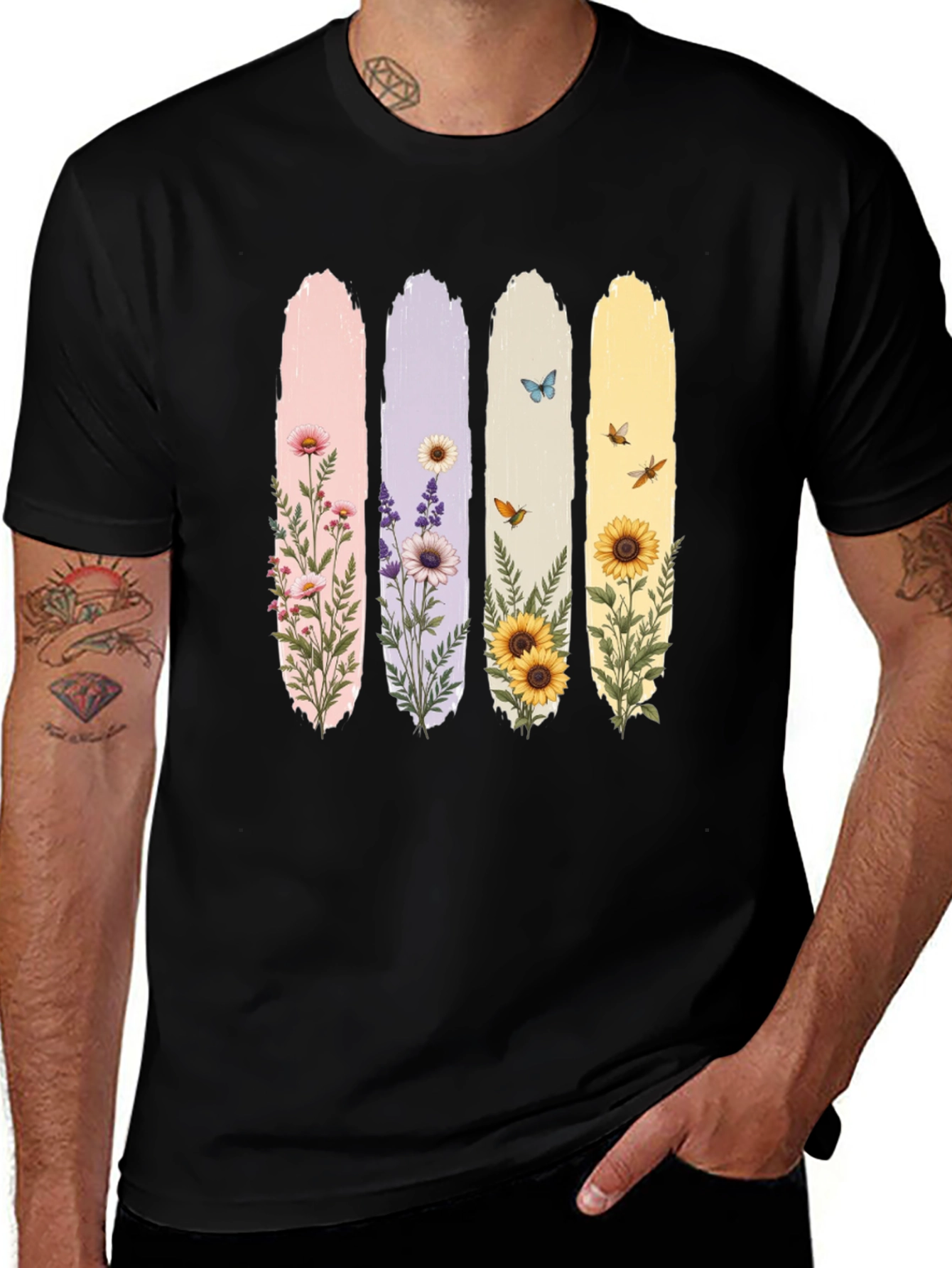 Floral Stripes Graphic Tee - Black Unisex T-Shirt