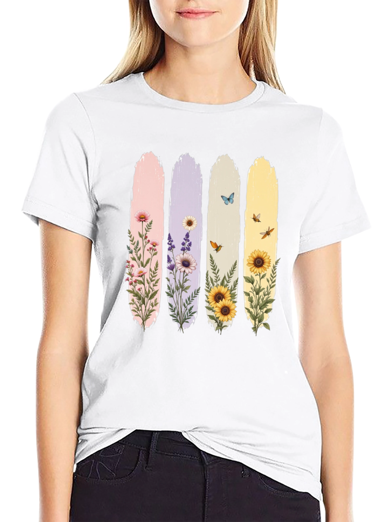 Floral Stripes Graphic Tee - Black Unisex T-Shirt