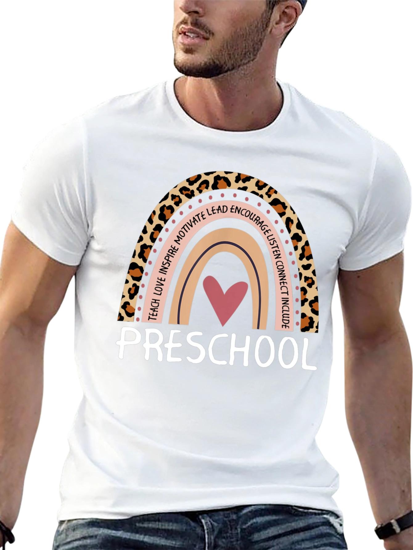 Preschool Teacher Rainbow Leopard Print T-Shirt