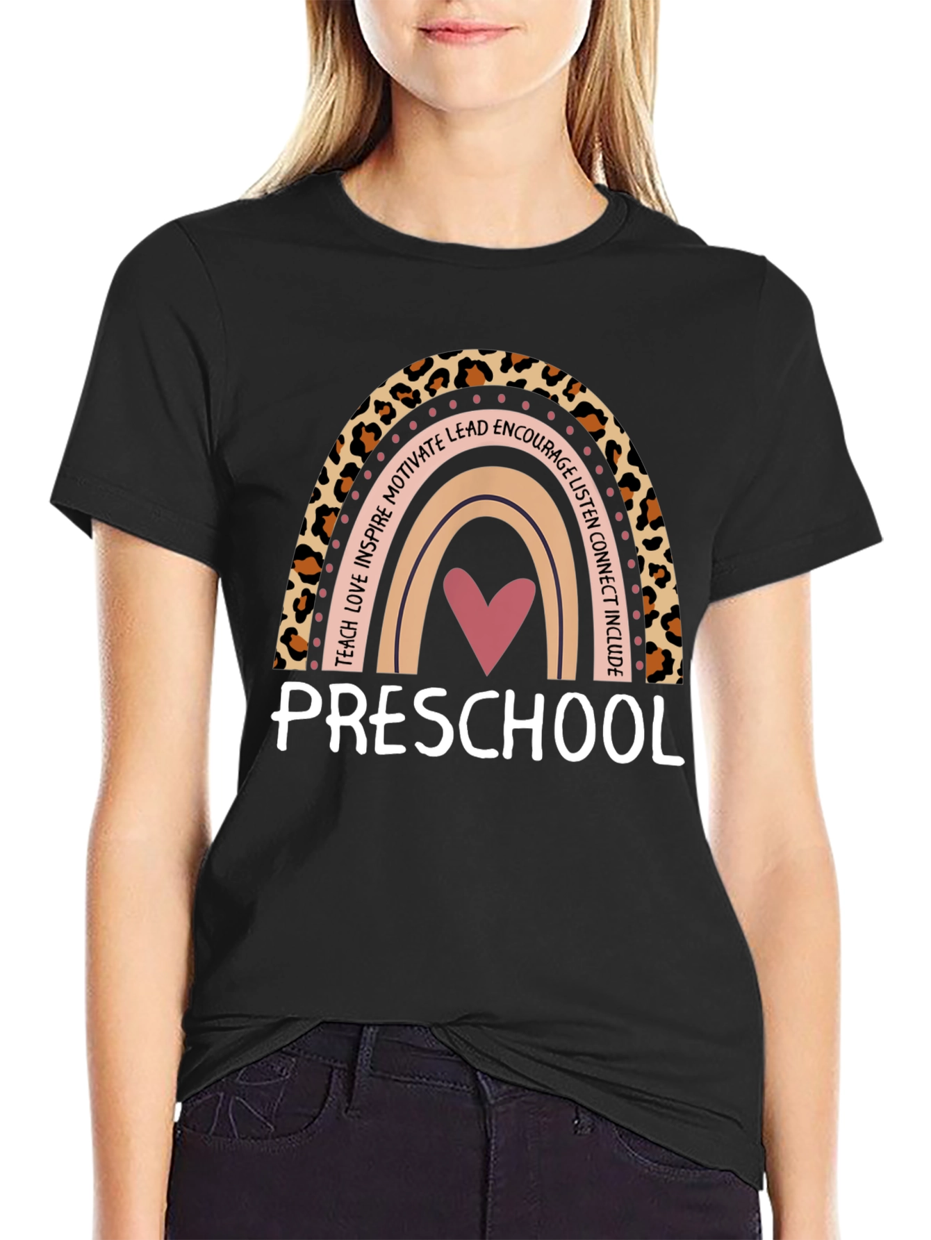 Preschool Teacher Rainbow Leopard Print T-Shirt