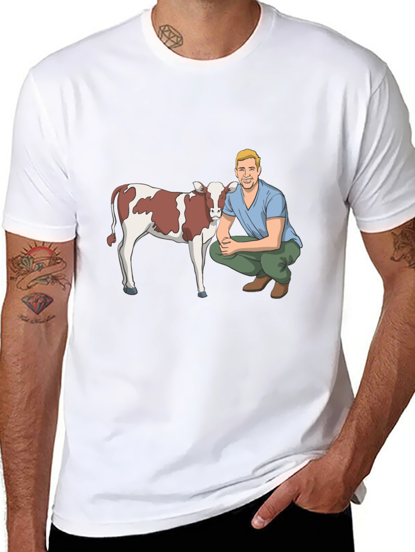 Cartoon Farmer & Cow Graphic T-Shirt