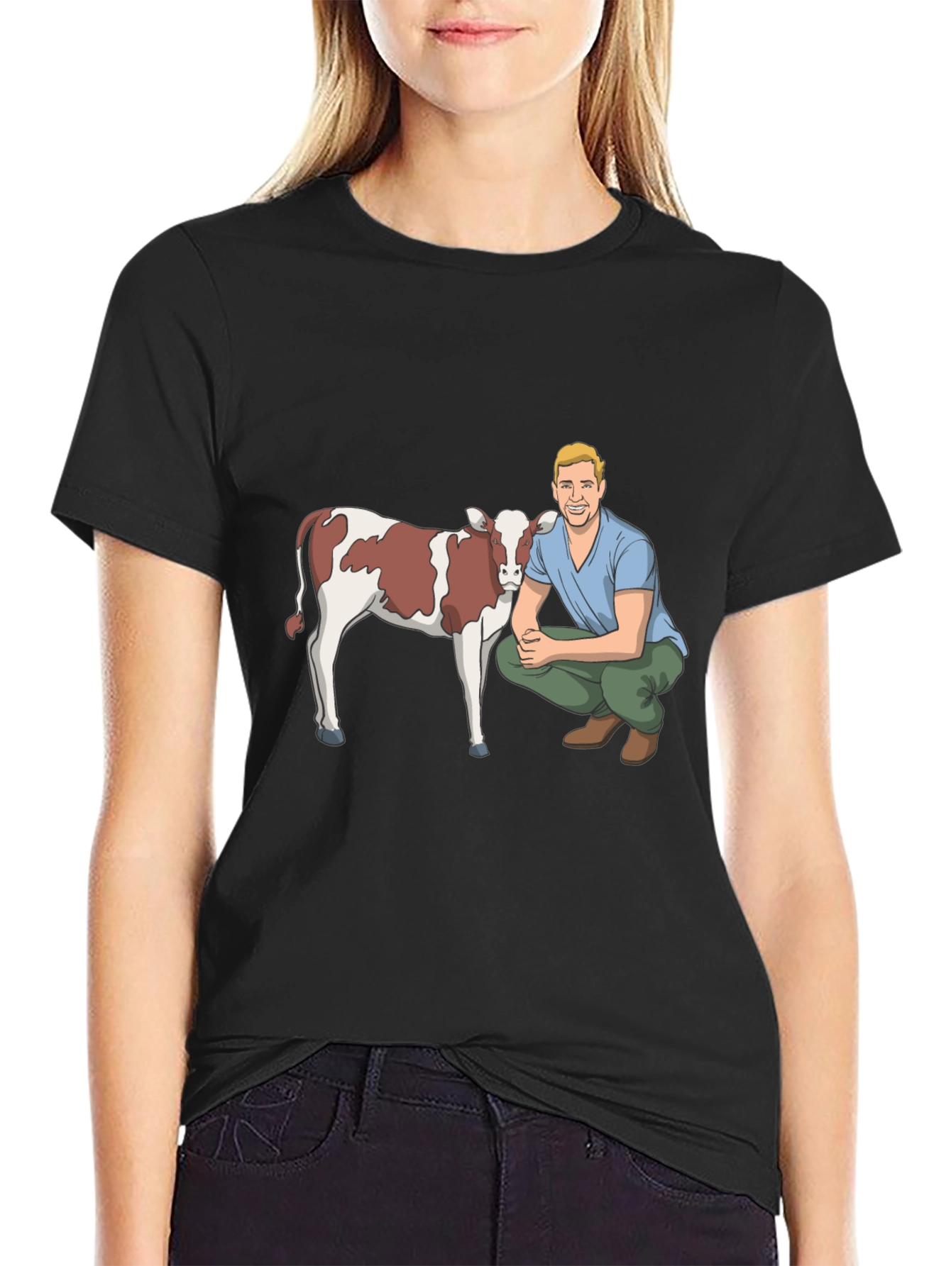 Cartoon Farmer & Cow Graphic T-Shirt