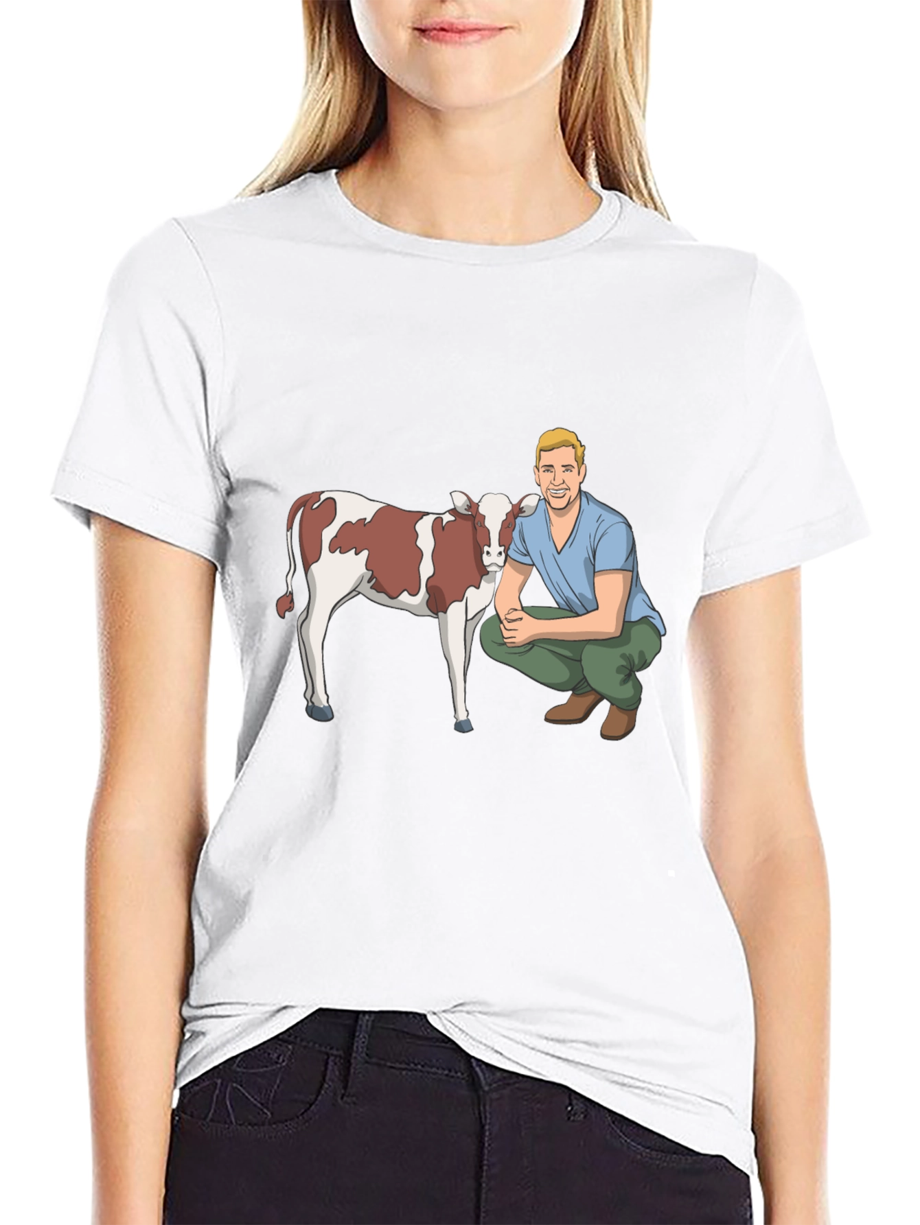 Cartoon Farmer & Cow Graphic T-Shirt