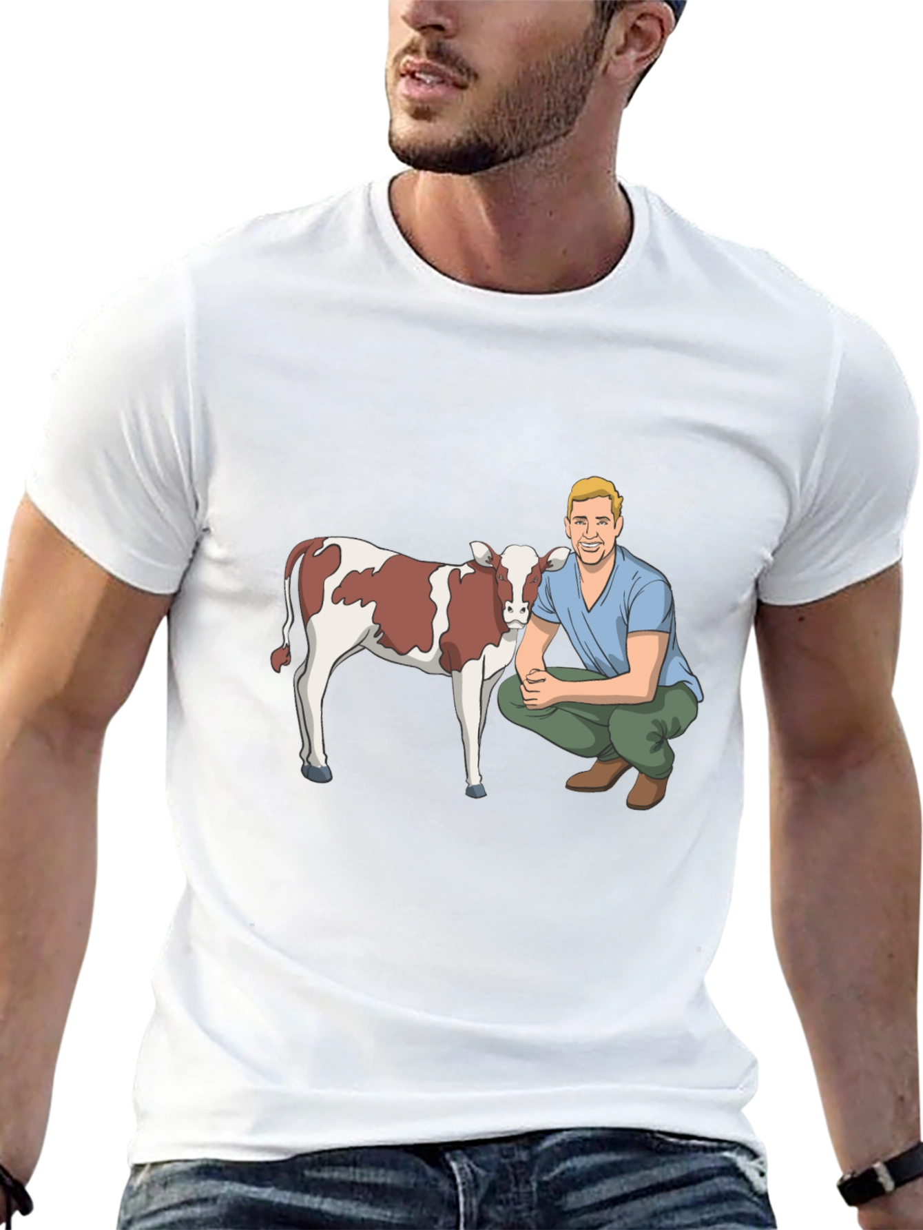 Cartoon Farmer & Cow Graphic T-Shirt