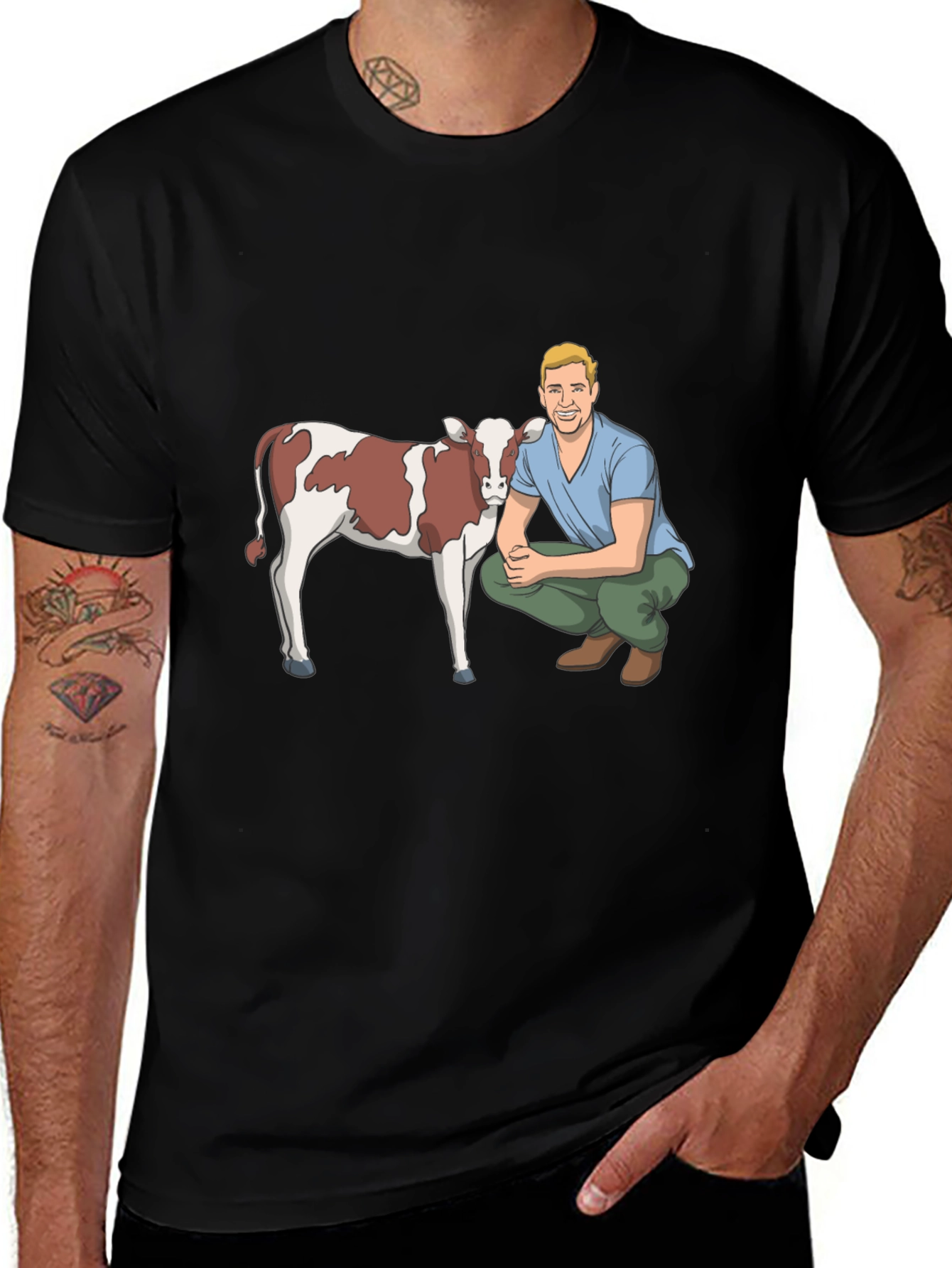 Cartoon Farmer & Cow Graphic T-Shirt