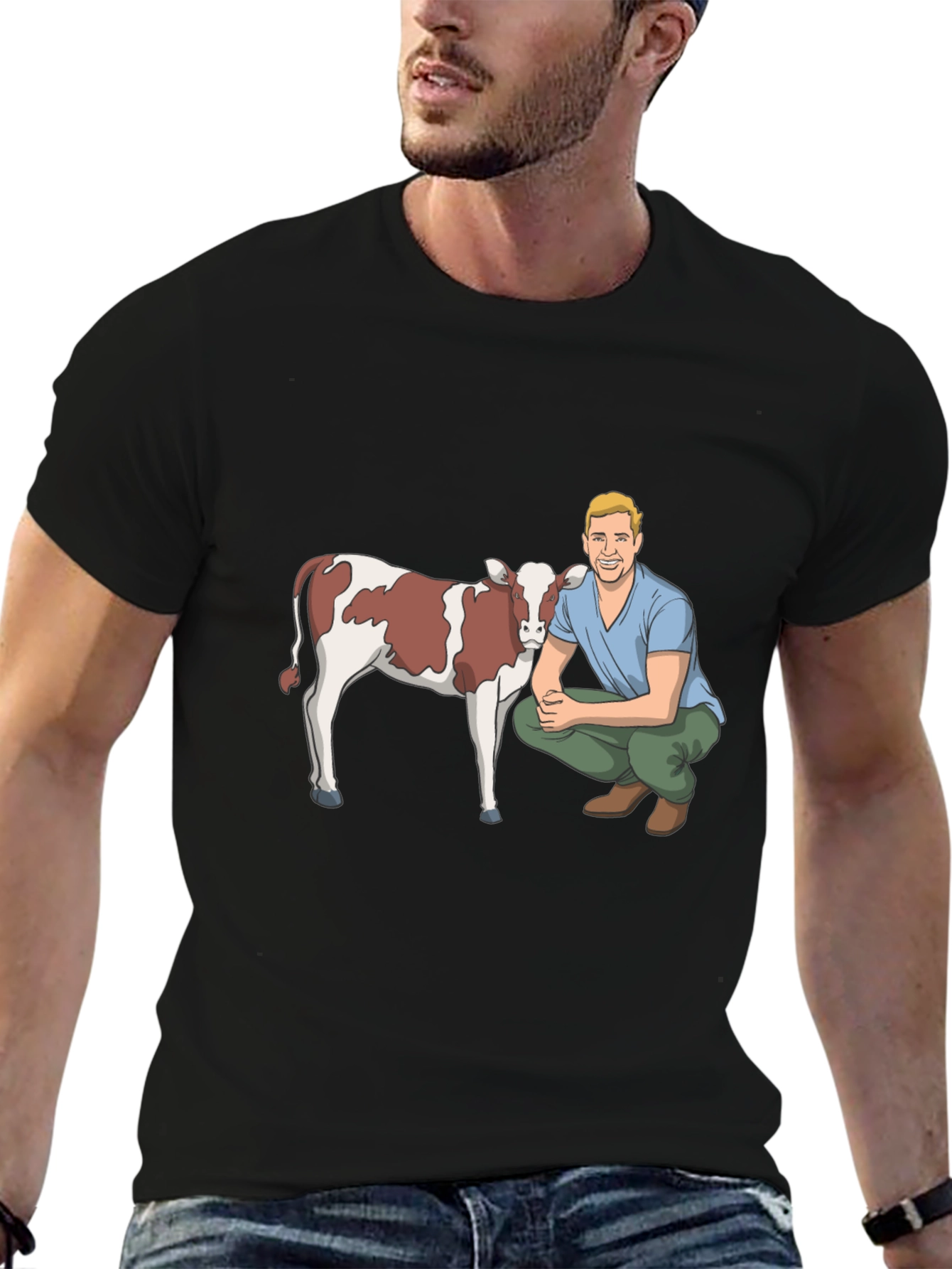 Cartoon Farmer & Cow Graphic T-Shirt