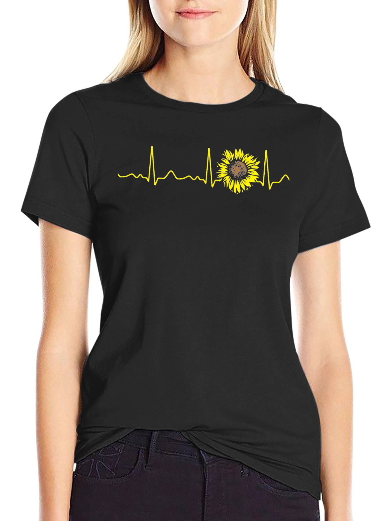 Sunflower Heartbeat Graphic Tee - Black