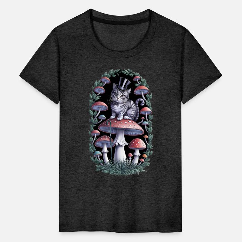 Gentleman cat hatter sitting on mushroom, black