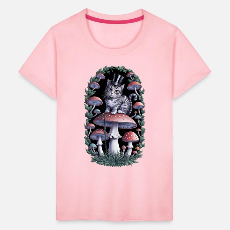 Gentleman cat hatter sitting on mushroom, black