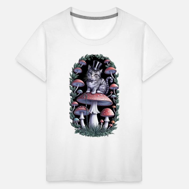 Gentleman cat hatter sitting on mushroom, black