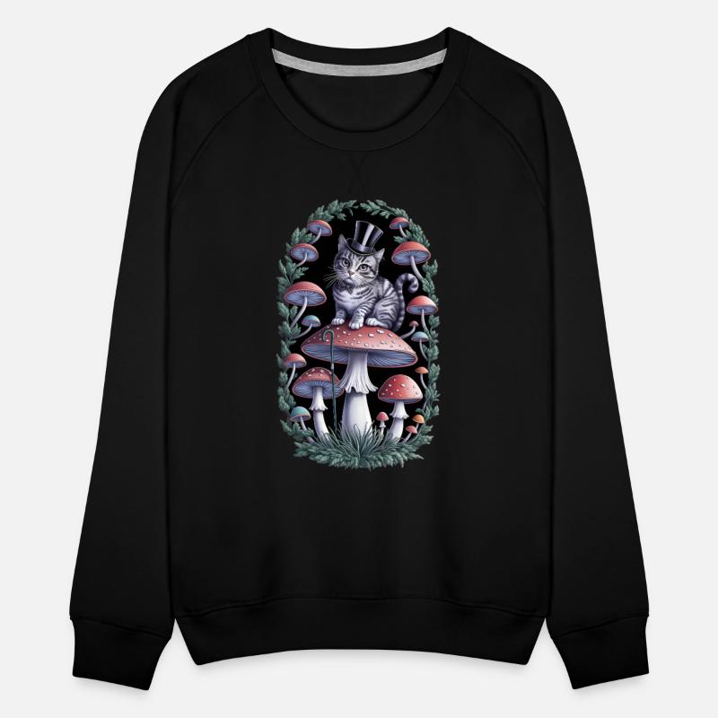 Gentleman cat hatter sitting on mushroom, black