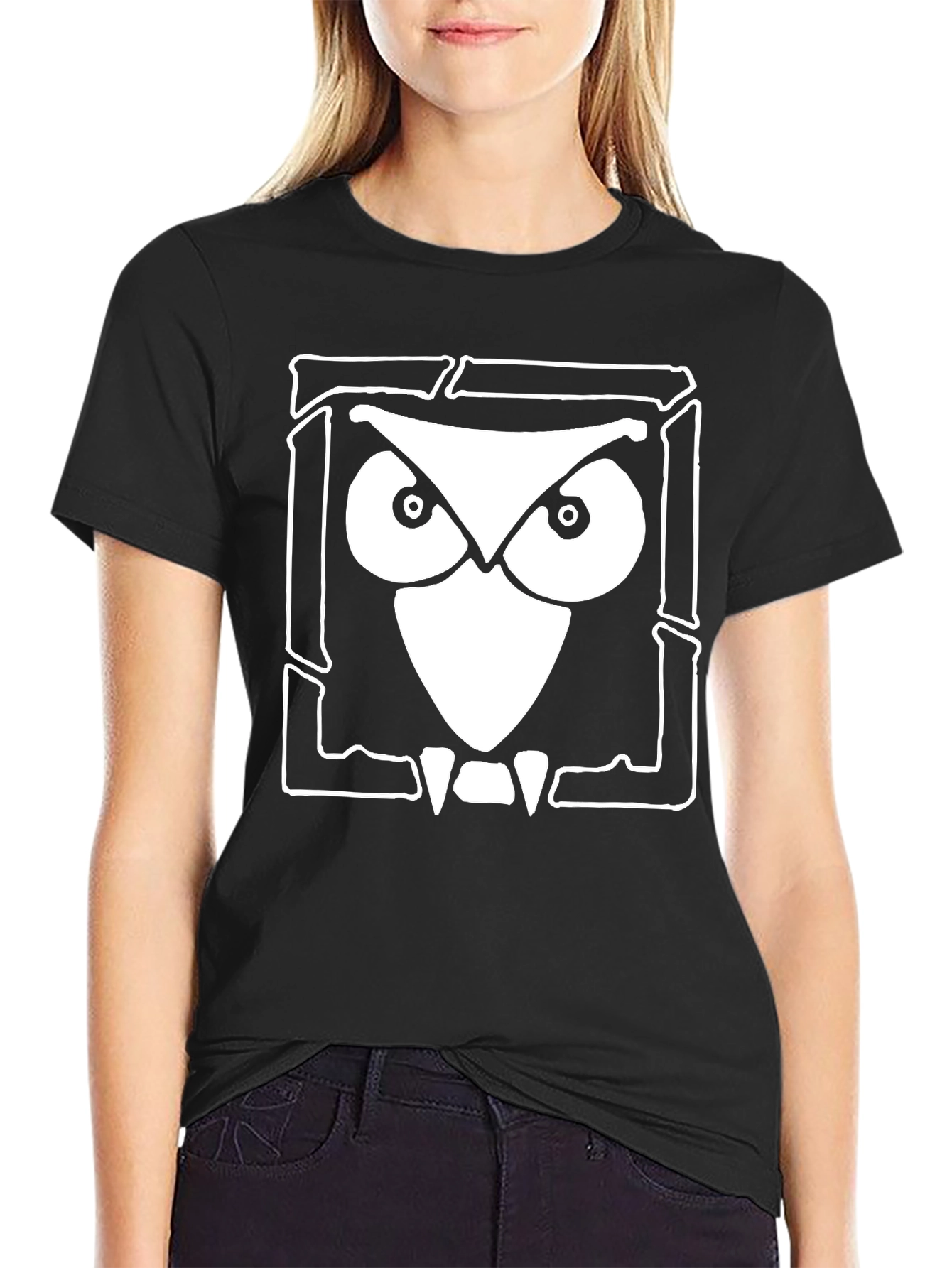 Owl Graphic Print Black Cotton T-Shirt