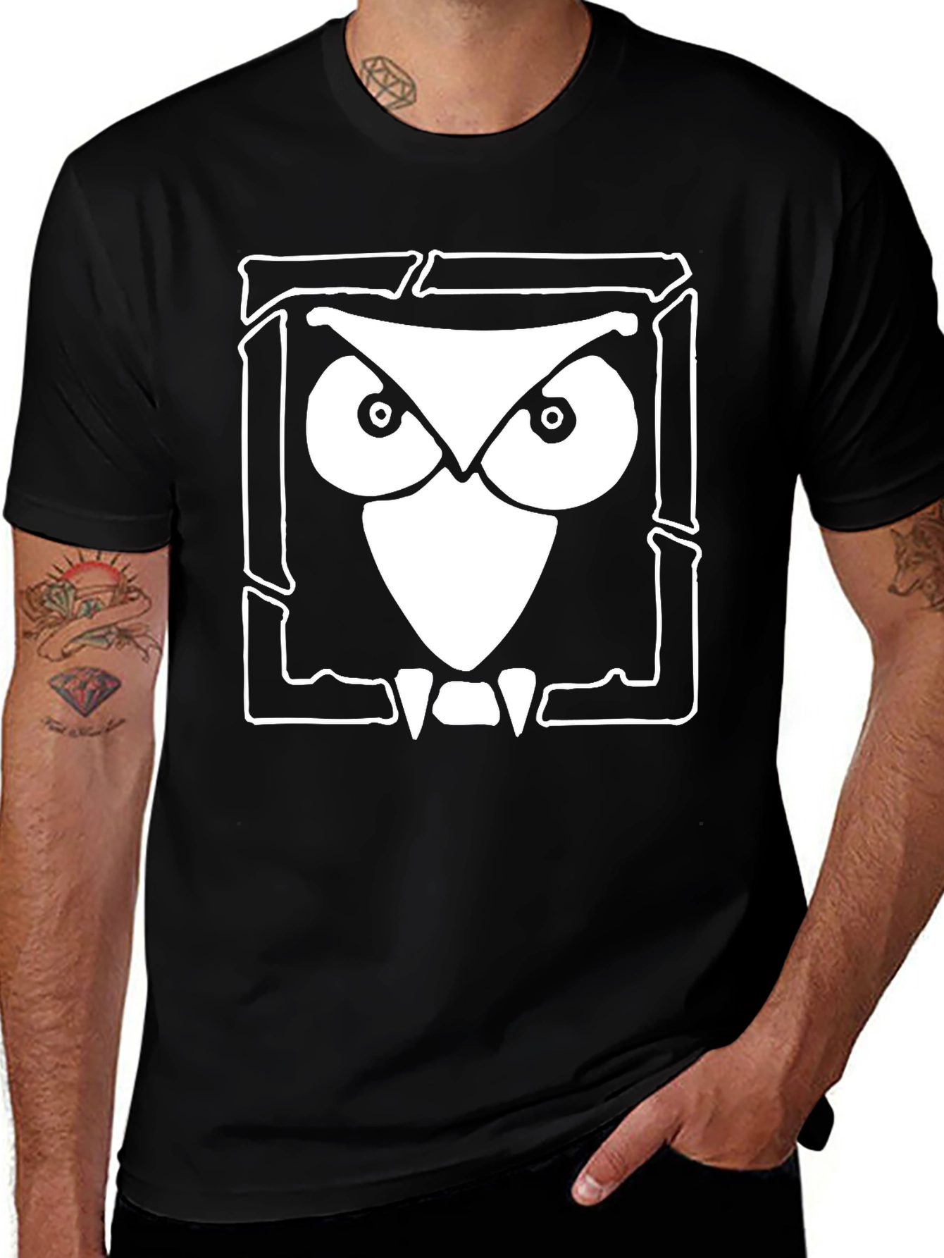 Owl Graphic Print Black Cotton T-Shirt