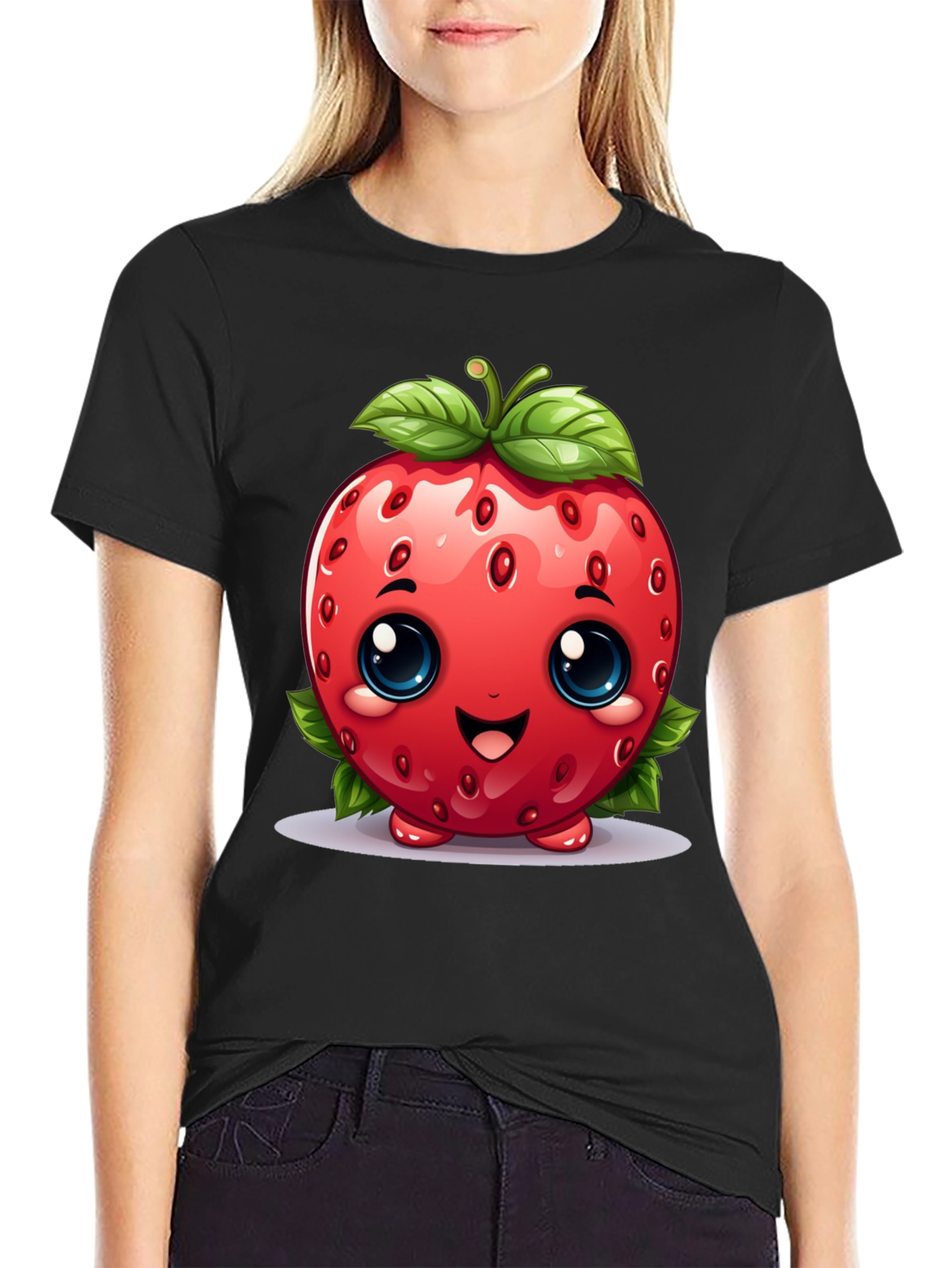 Cute Strawberry Character Black T-shirt