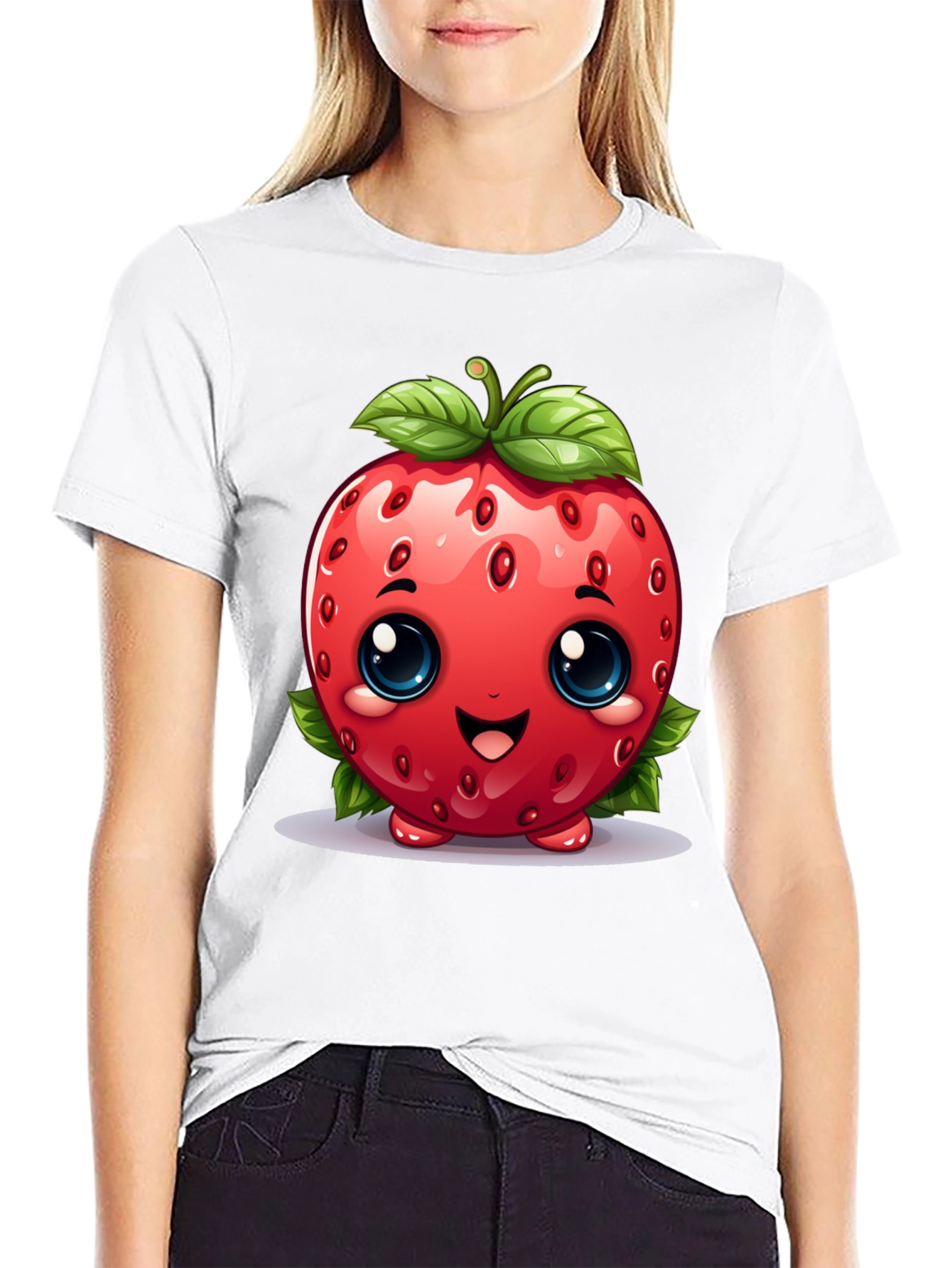 Cute Strawberry Character Black T-shirt