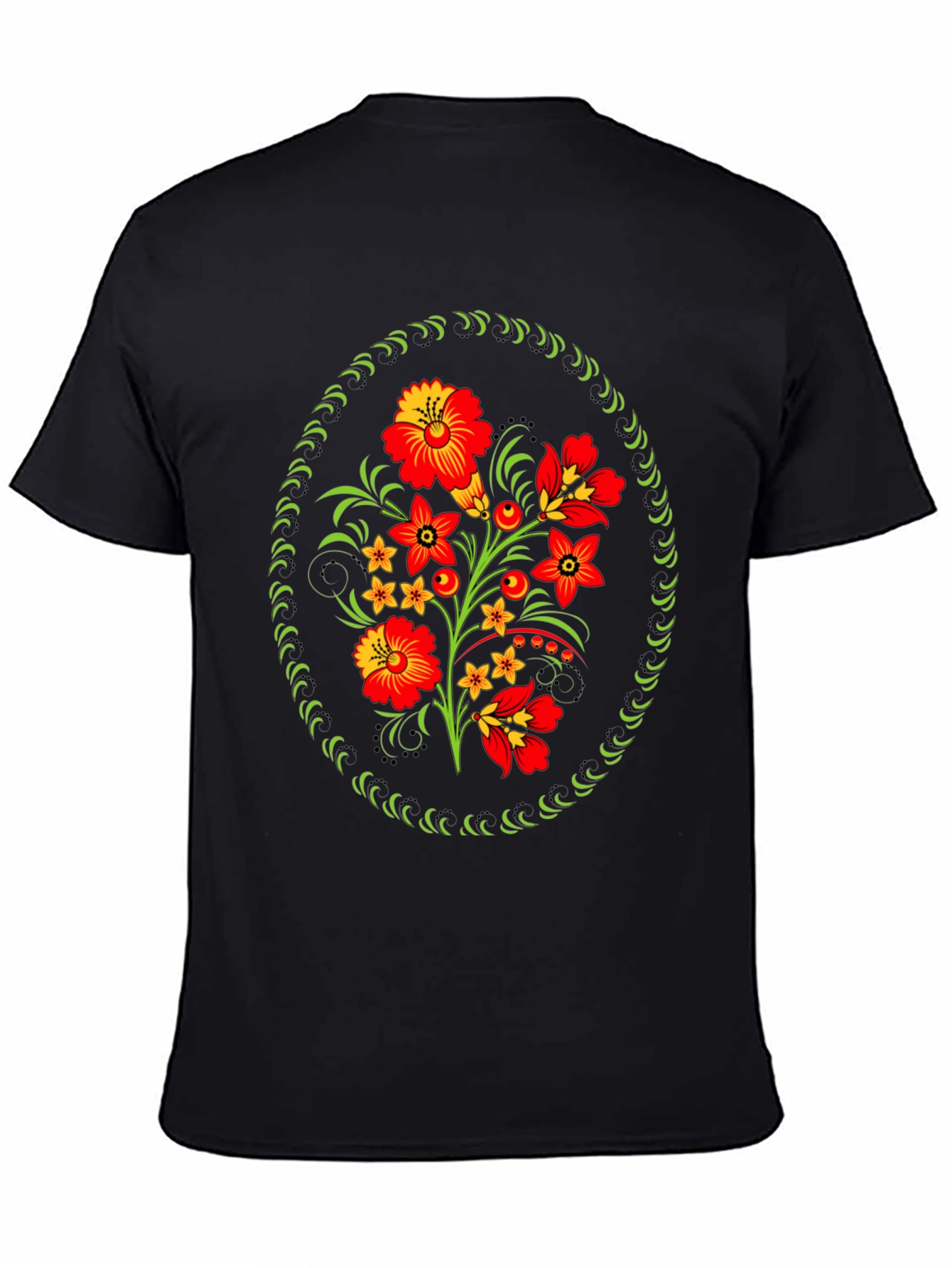 Floral Folk Art Graphic Tee - Black Cotton