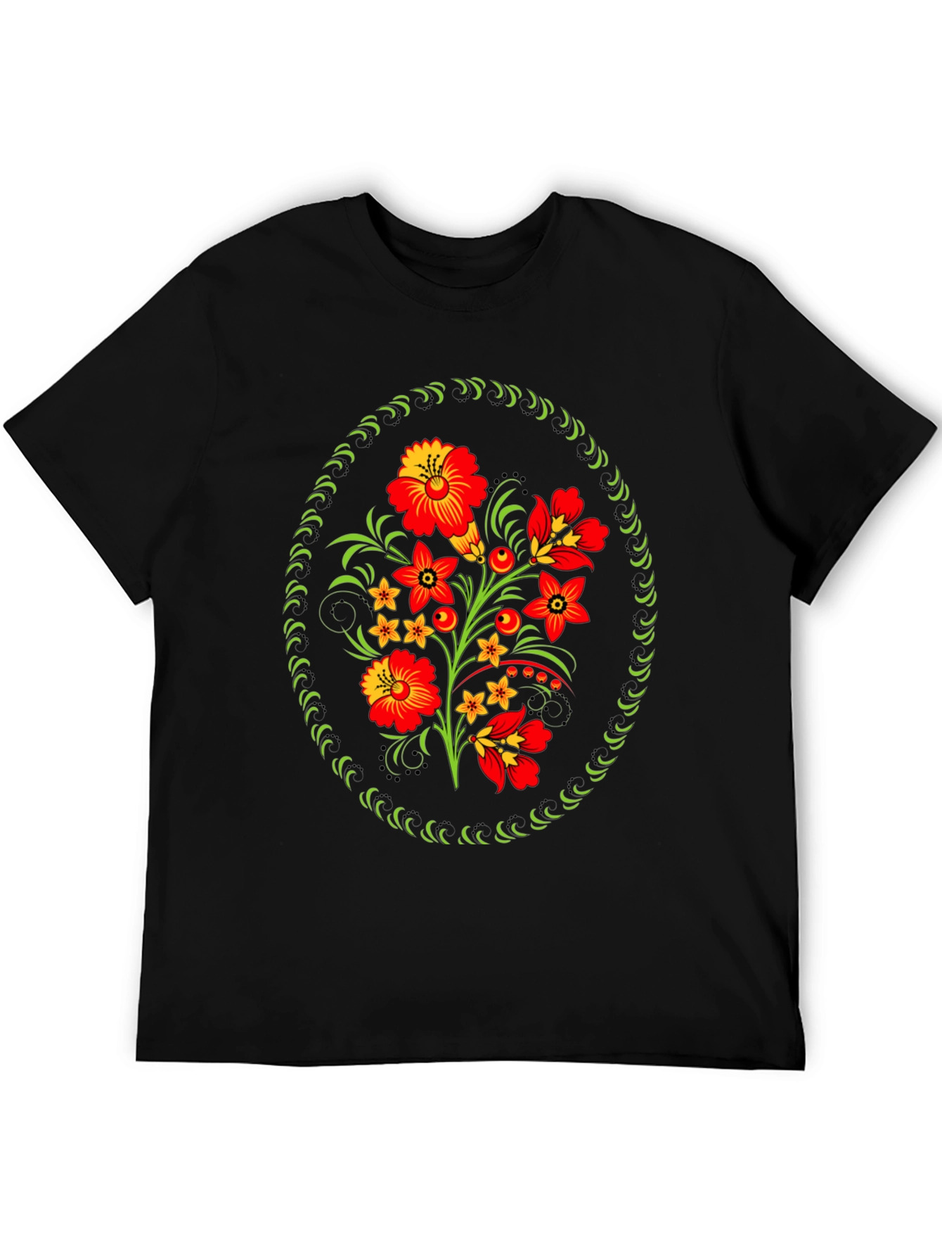 Floral Folk Art Graphic Tee - Black Cotton